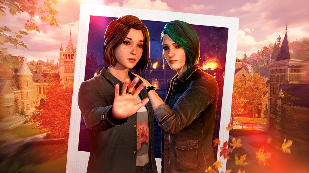 Life is Strange Reunion key art. It shows Max with her hand outstretched and Chloe next to her, a hand on her shoulder. Behind them is a college campus, awash with orange and red colors.