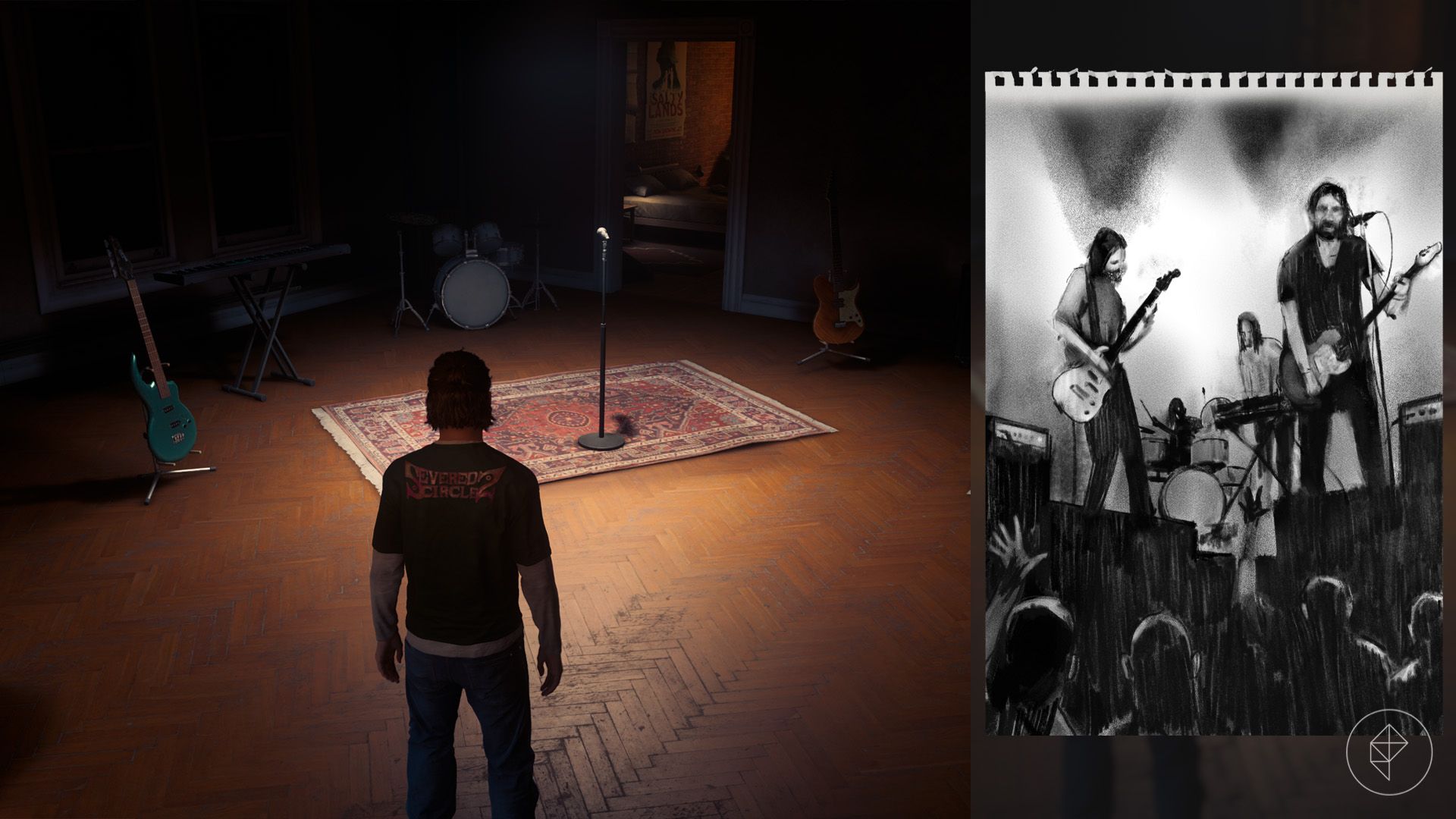 Dylan standing in front of a band set up in Control Resonant.
