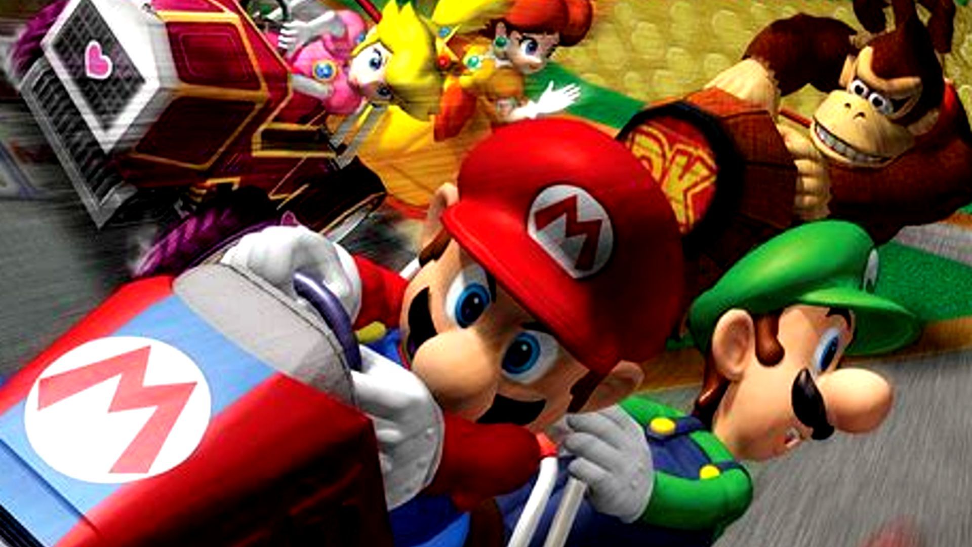 Mario Kart: Double Dash cropped cover art shows Mario and Luigi riding in a kart together with other characters catching up behind them.