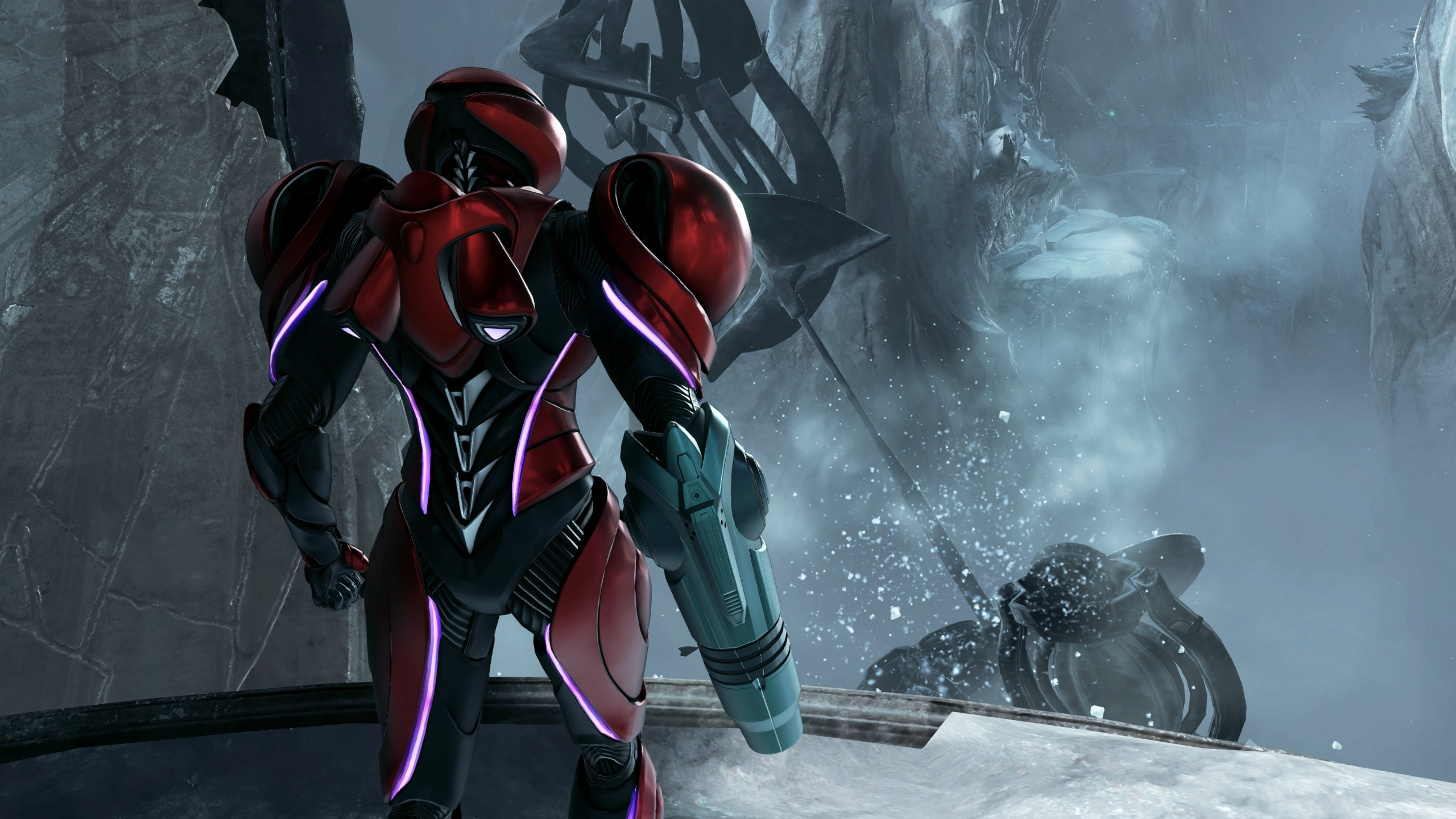 Samus stands in front of an icy landscape in Metroid Prime 4: Beyond.