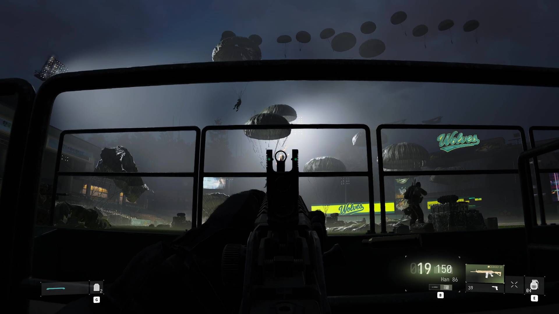 A Modern Warfare 4 screenshot showing North Korean paratroopers entering through the stadium.