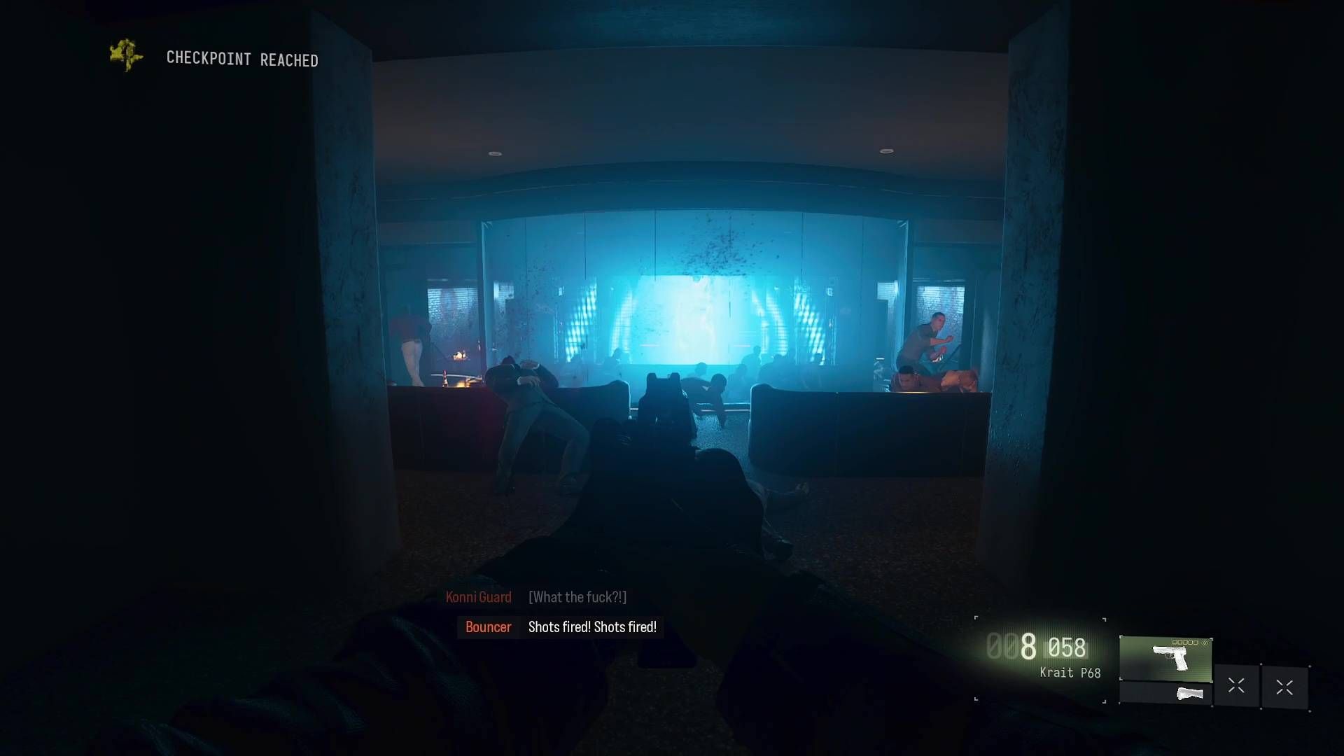 A Modern Warfare 4 screenshot showing the player aiming a pistol in a nightclub.