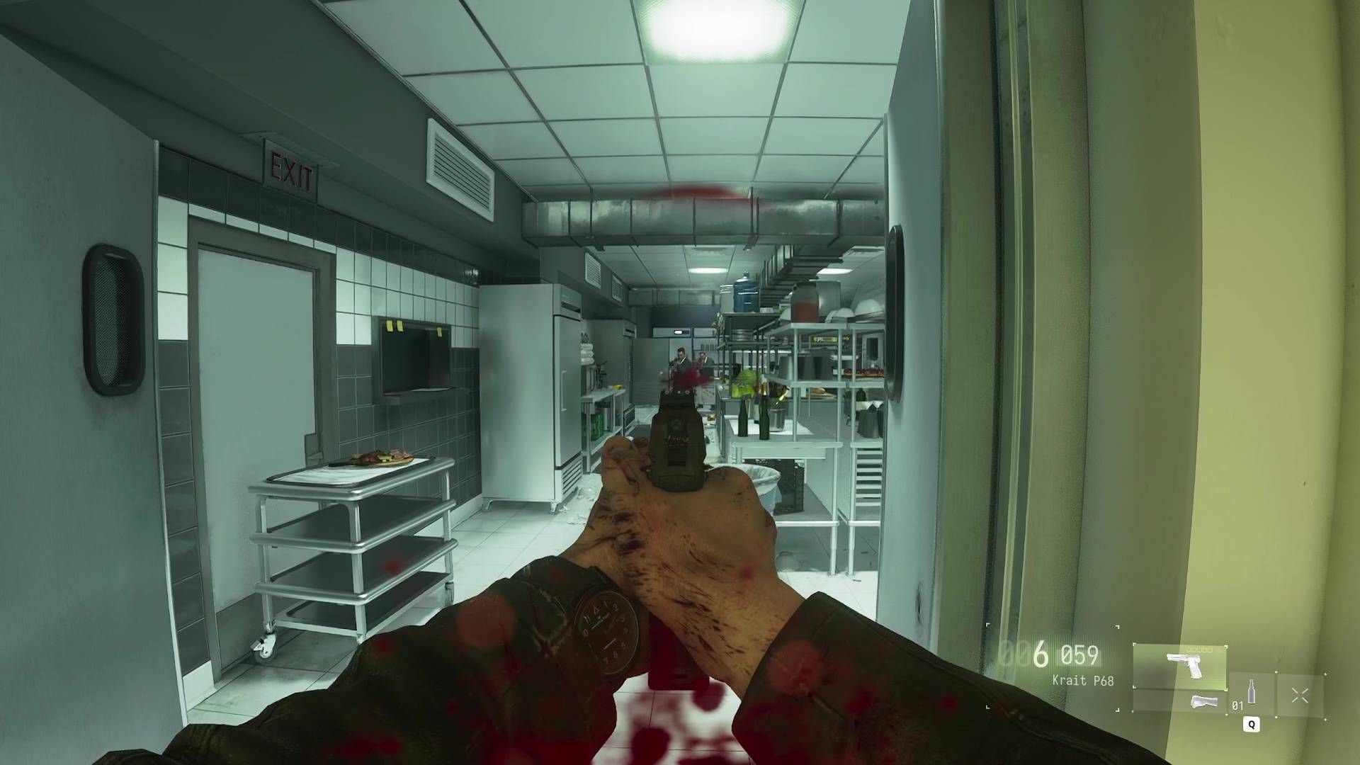 A Modern Warfare 4 screenshot showing the player aiming a pistol in a kitchen.