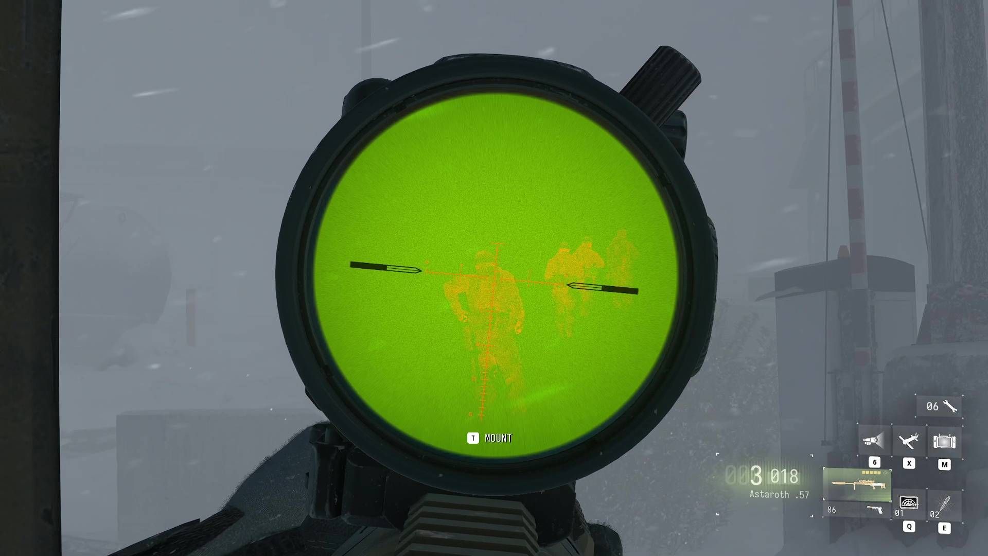 A Modern Warfare 4 screenshot showing the player aiming down a thermal scope on a sniper rifle.