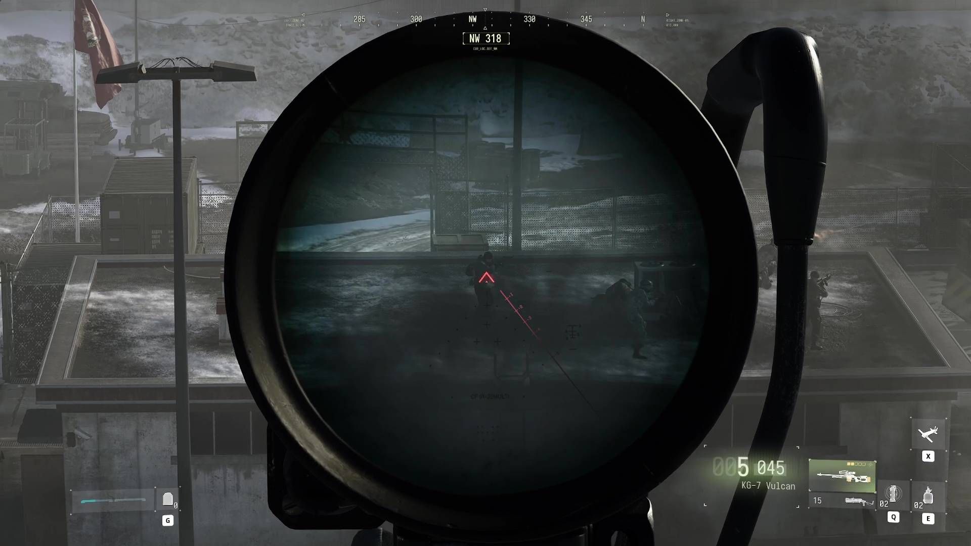 A Modern Warfare 4 screenshot showing aiming down the scope of a sniper rifle at an enemy on a rooftop.