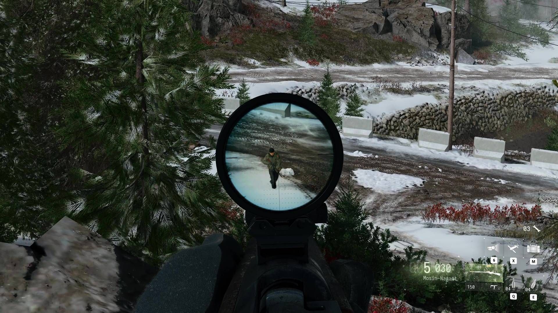 A Modern Warfare 4 screenshot showing the player aiming down the scope of a sniper rifle at an enemy.