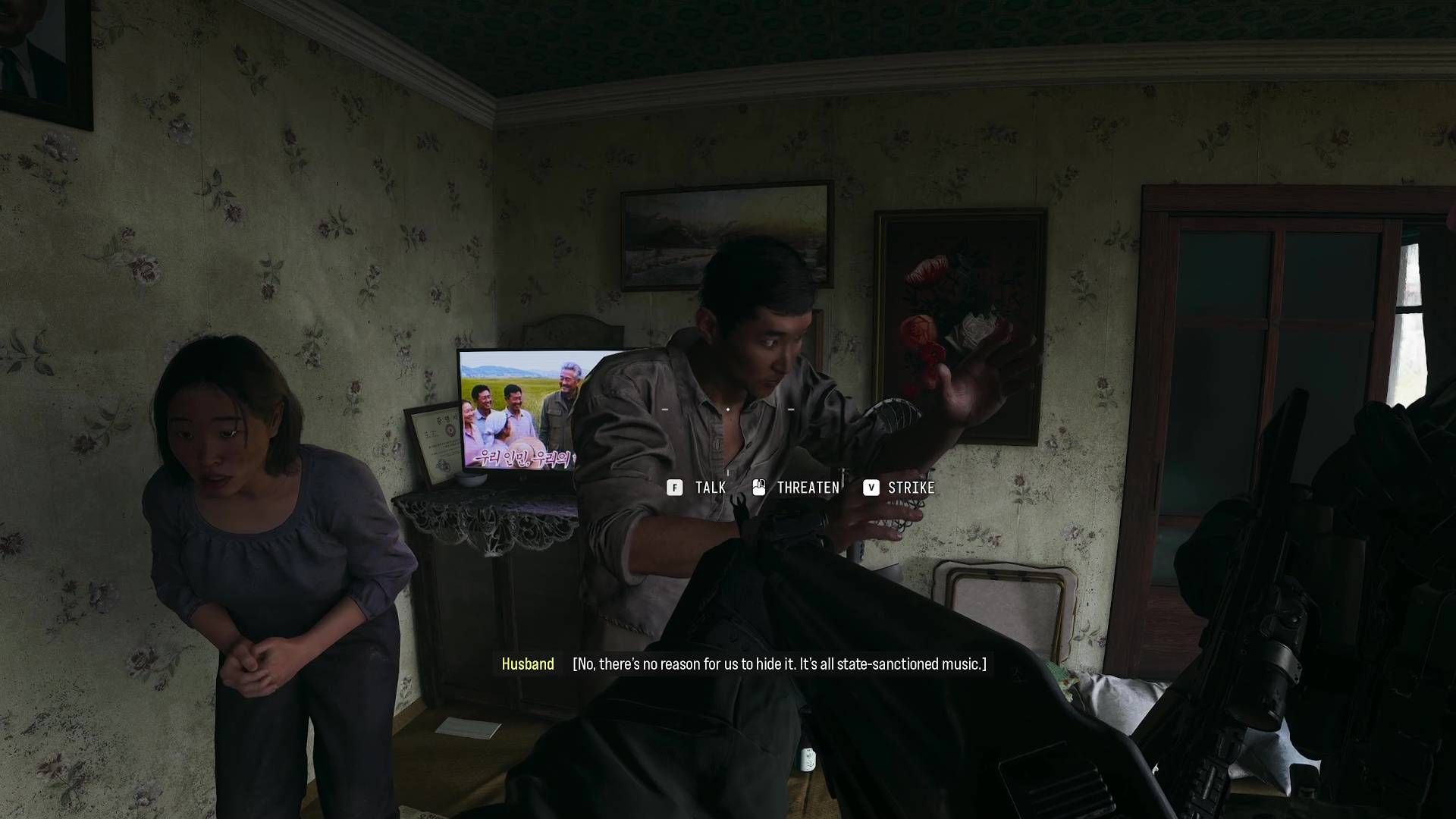 A Modern Warfare 4 screenshot showing the player aiming at a North Korean family.