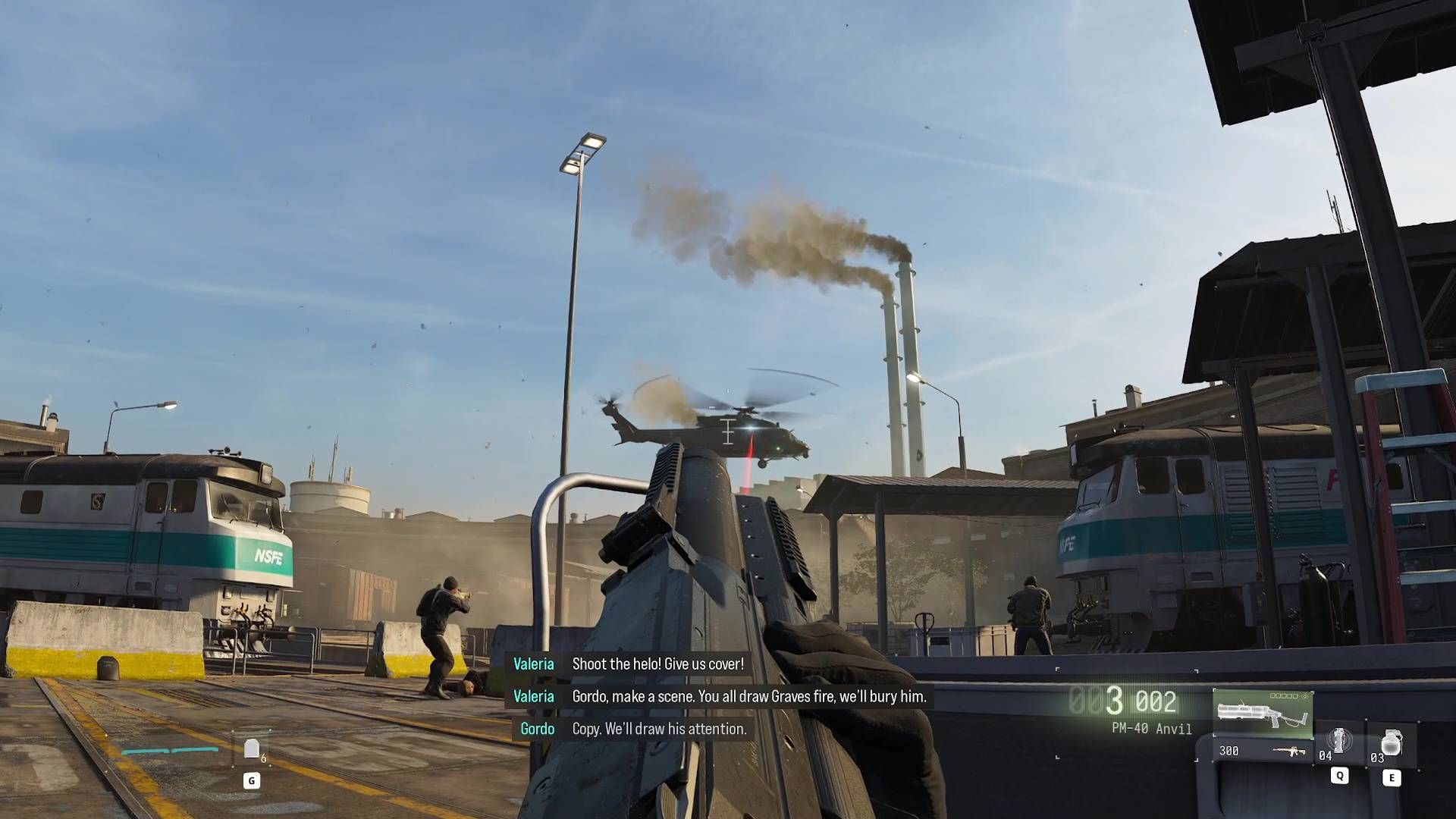A Modern Warfare 4 screenshot showing the player aiming a grenade launcher at a helicopter.