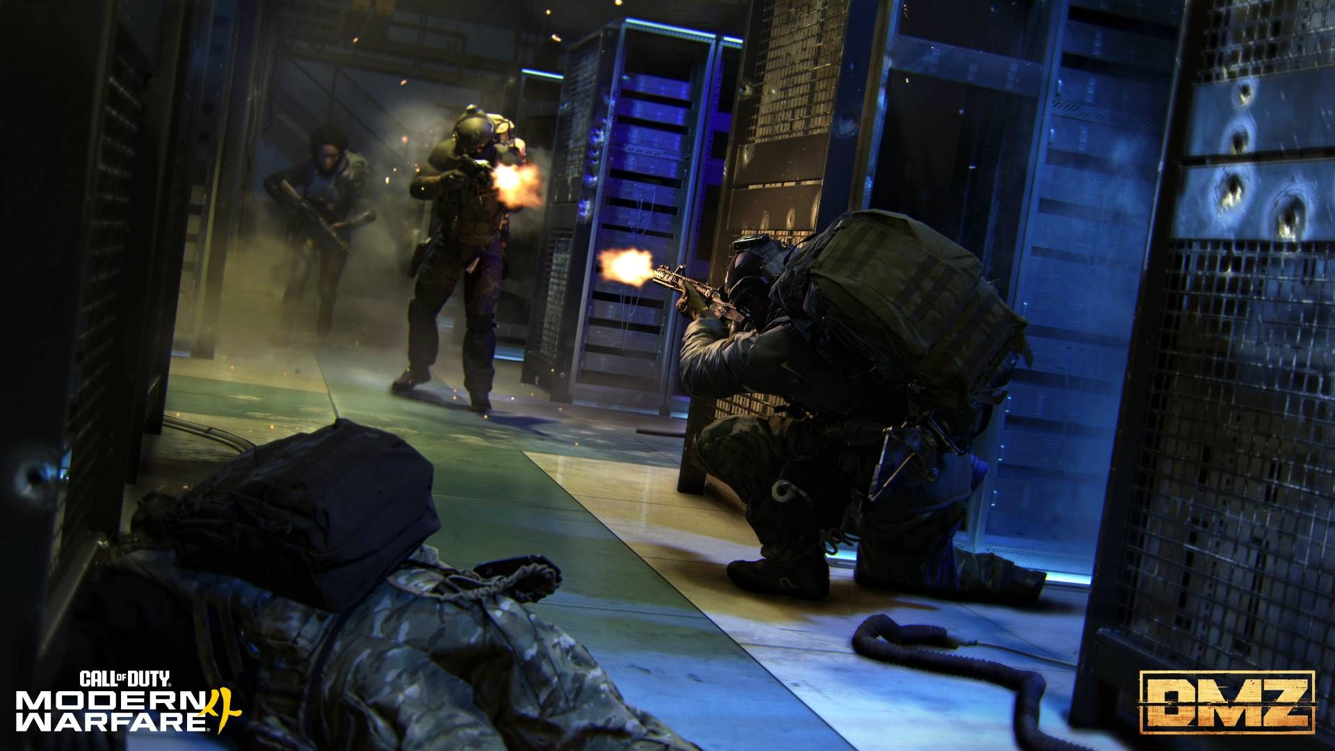 Two squads having a shootout inside a server room in DMZ.