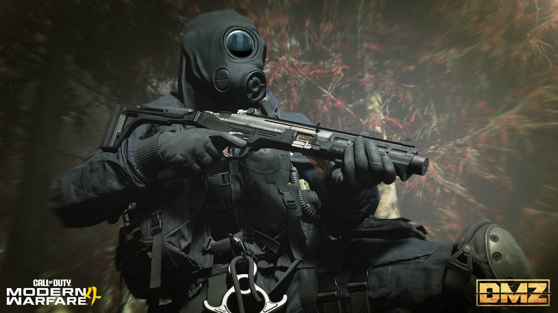 A DMZ soldier with a gas mask equipped holding an SMG.