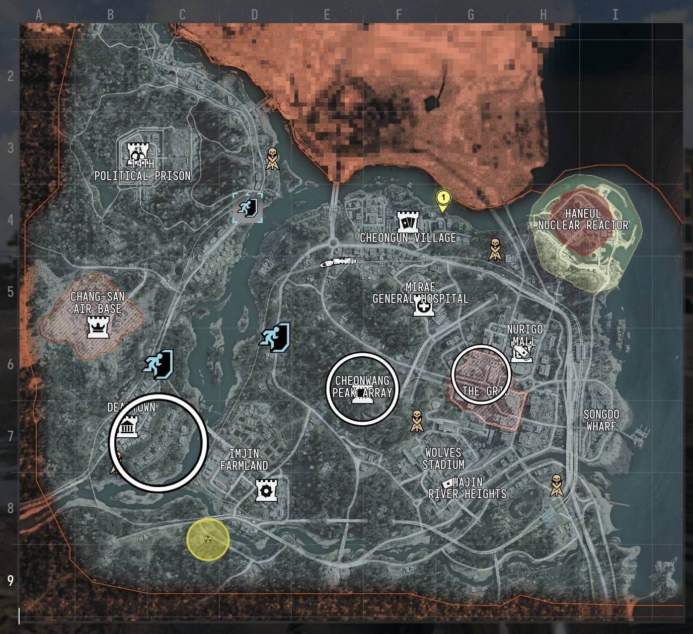 The DMZ map with three of the best places to find comms modules circled.