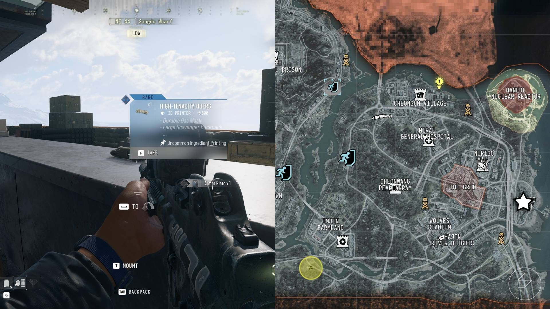 The left-hand side of the image shows the player in-game looking at high-tenacity fibers while the right-hand side of the image shows the location of the La Grand Vie rooftop in Songdo Wharf marked on the Modern Warfare 4 DMZ map with a star icon.