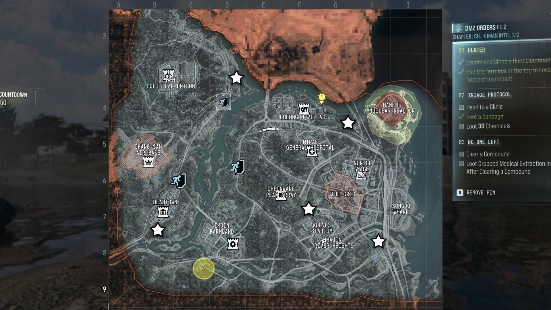 The in-game DMZ map with the locations of the five lieutenant towers marked with a star.
