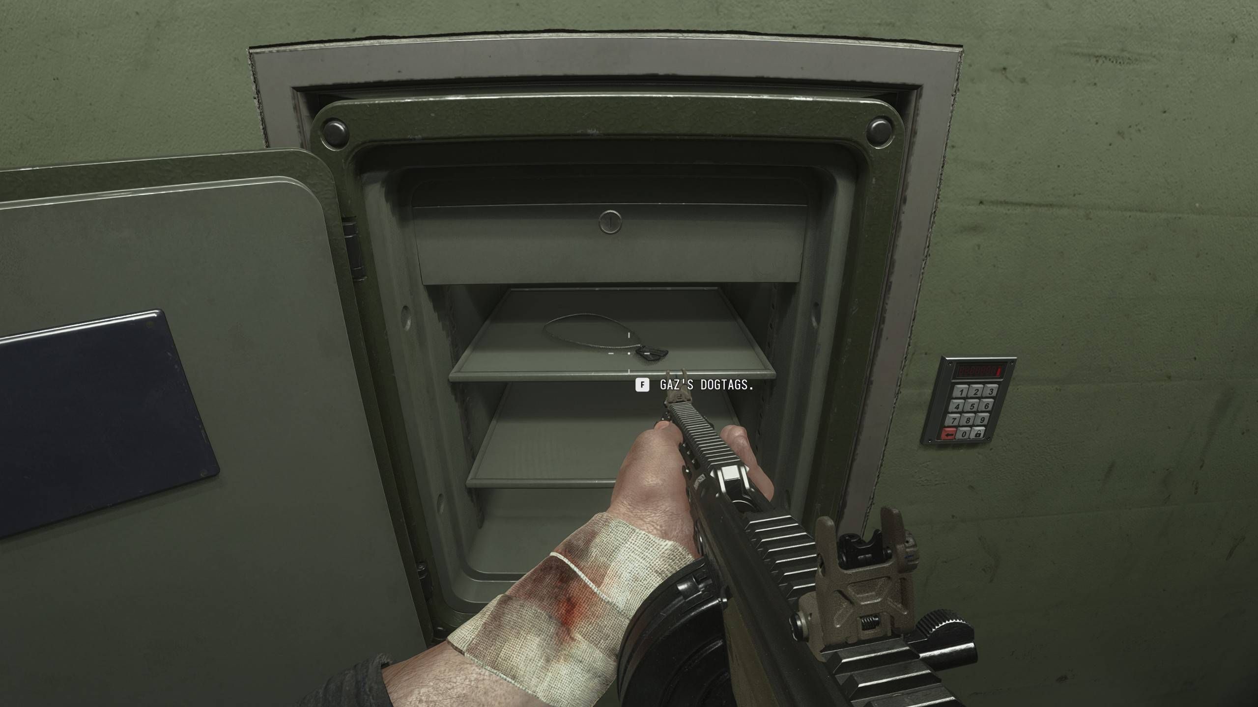 The open safe in "Escape" in Modern Warfare 4 with Gaz's dogtags inside.