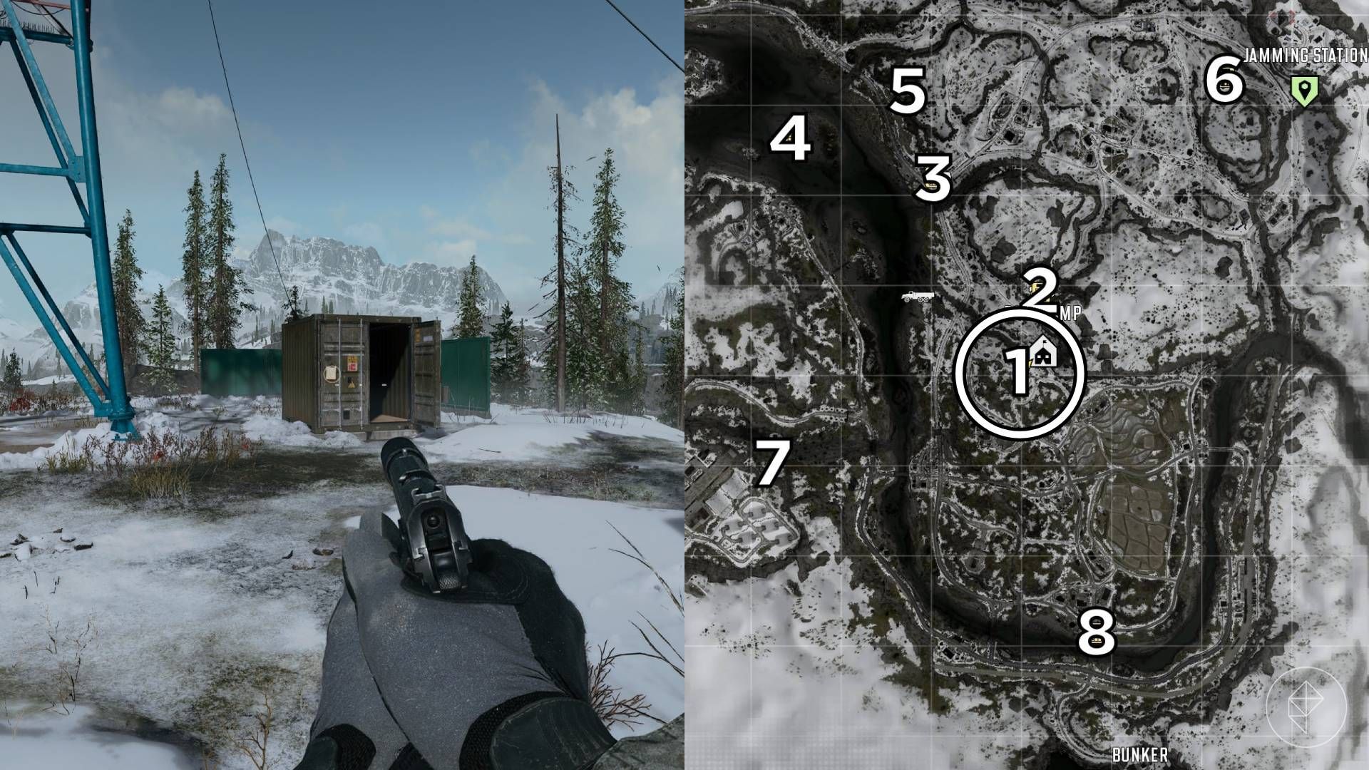The left-hand side of the image shows the location of the keypad puzzle during the "Stranded" mission in Modern Warfare 4 while the right-hand side of the image shows the location numbered and circled on the in-game map.