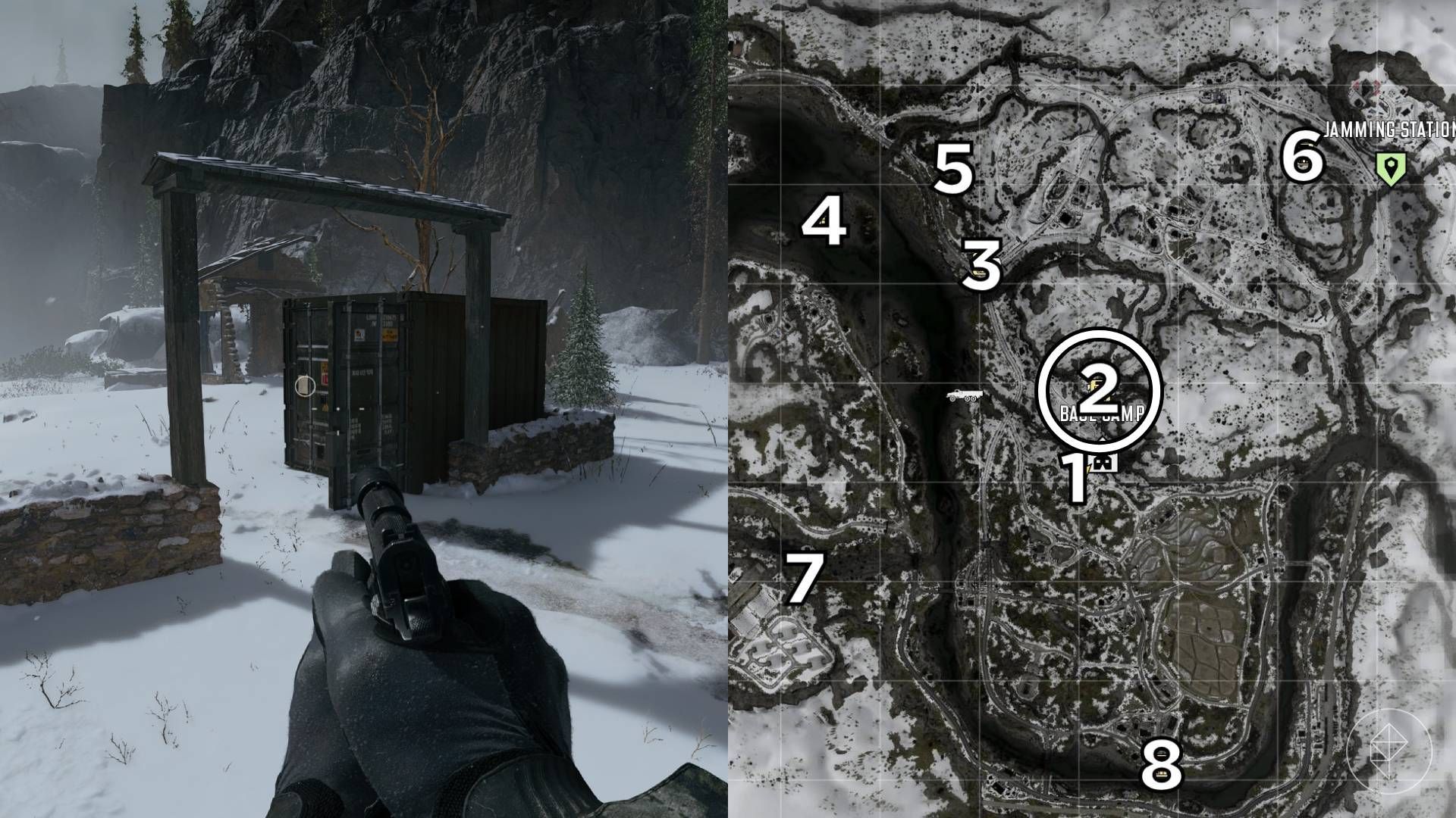 The left-hand side of the image shows the location of the keypad puzzle during the "Stranded" mission in Modern Warfare 4 while the right-hand side of the image shows the location numbered and circled on the in-game map.