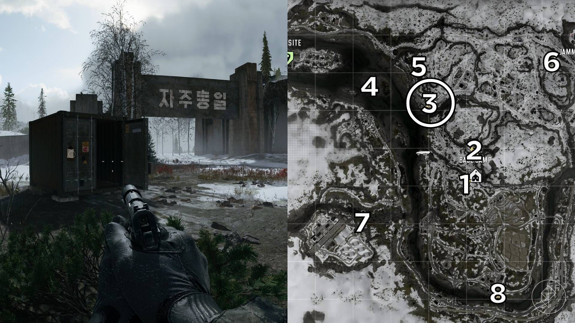 The left-hand side of the image shows the location of the keypad puzzle during the "Stranded" mission in Modern Warfare 4 while the right-hand side of the image shows the location numbered and circled on the in-game map.