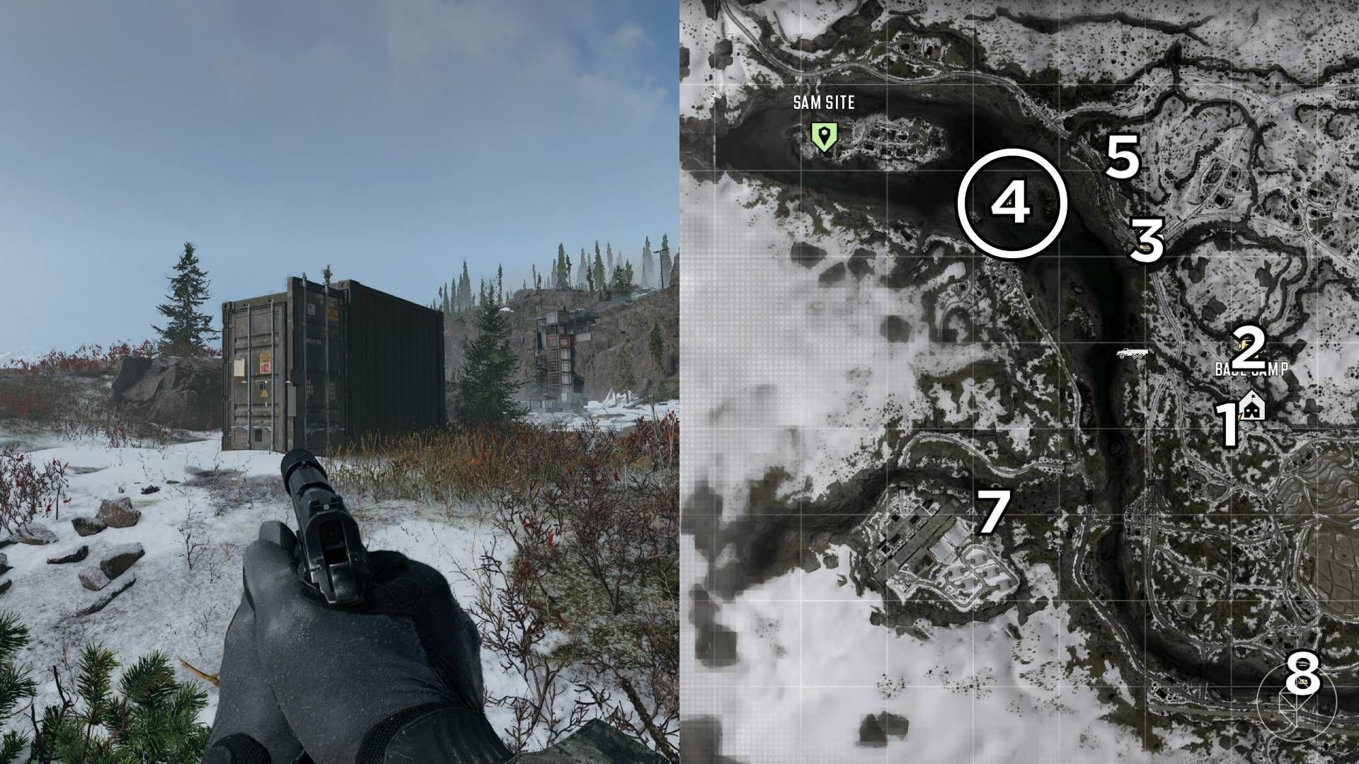 The left-hand side of the image shows the location of the keypad puzzle during the "Stranded" mission in Modern Warfare 4 while the right-hand side of the image shows the location numbered and circled on the in-game map.