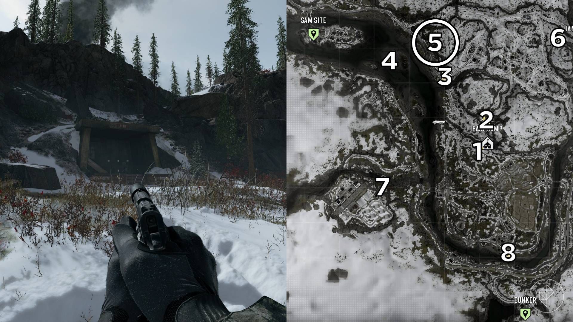 The left-hand side of the image shows the location of the keypad puzzle during the "Stranded" mission in Modern Warfare 4 while the right-hand side of the image shows the location numbered and circled on the in-game map.