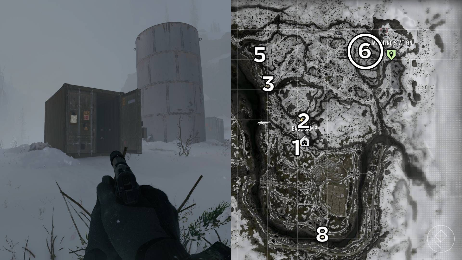 The left-hand side of the image shows the location of the keypad puzzle during the "Stranded" mission in Modern Warfare 4 while the right-hand side of the image shows the location numbered and circled on the in-game map.
