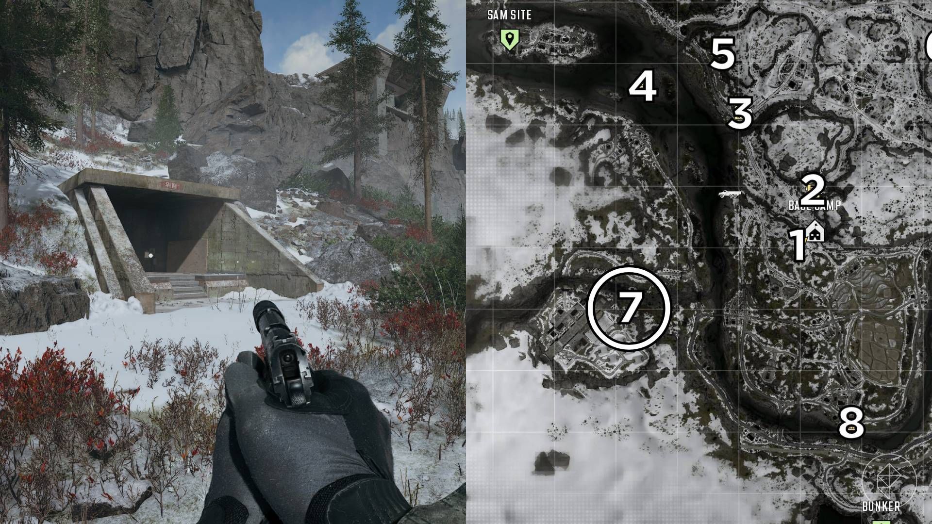 The left-hand side of the image shows the location of the keypad puzzle during the "Stranded" mission in Modern Warfare 4 while the right-hand side of the image shows the location numbered and circled on the in-game map.