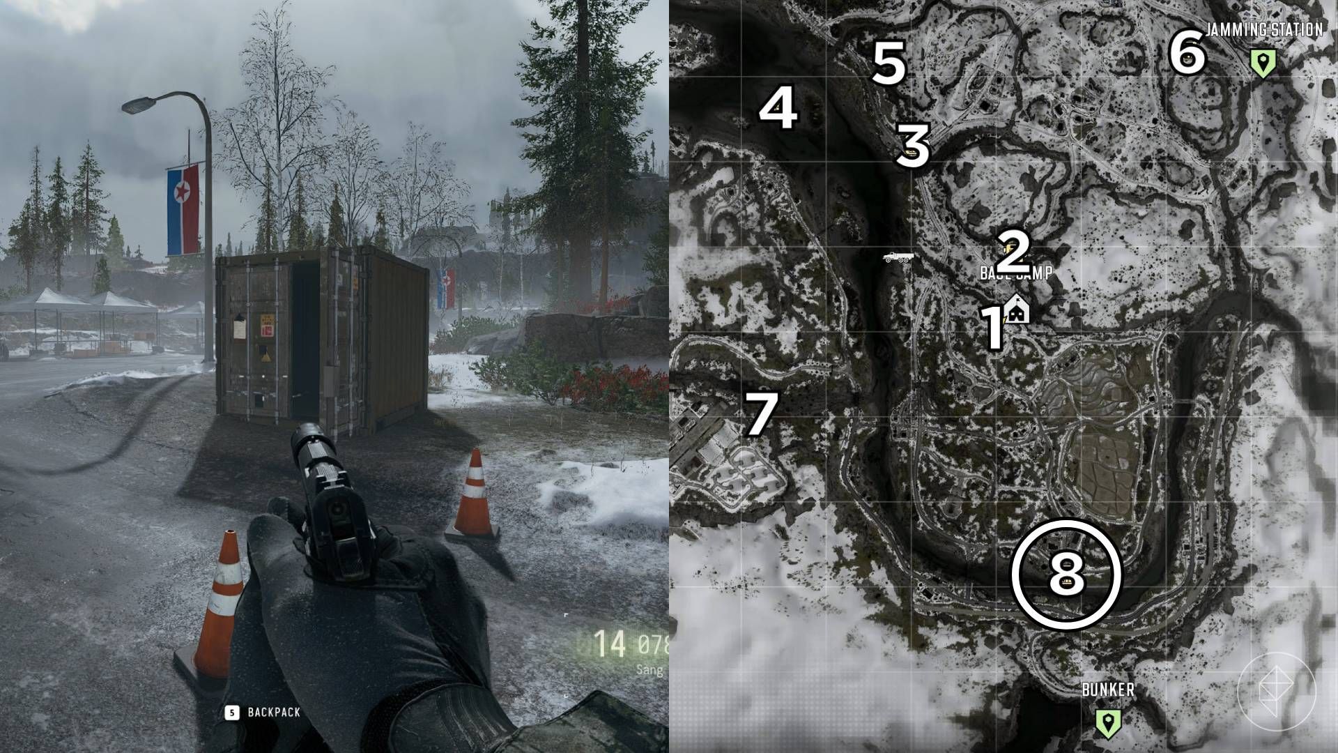 The left-hand side of the image shows the location of the keypad puzzle during the "Stranded" mission in Modern Warfare 4 while the right-hand side of the image shows the location numbered and circled on the in-game map.