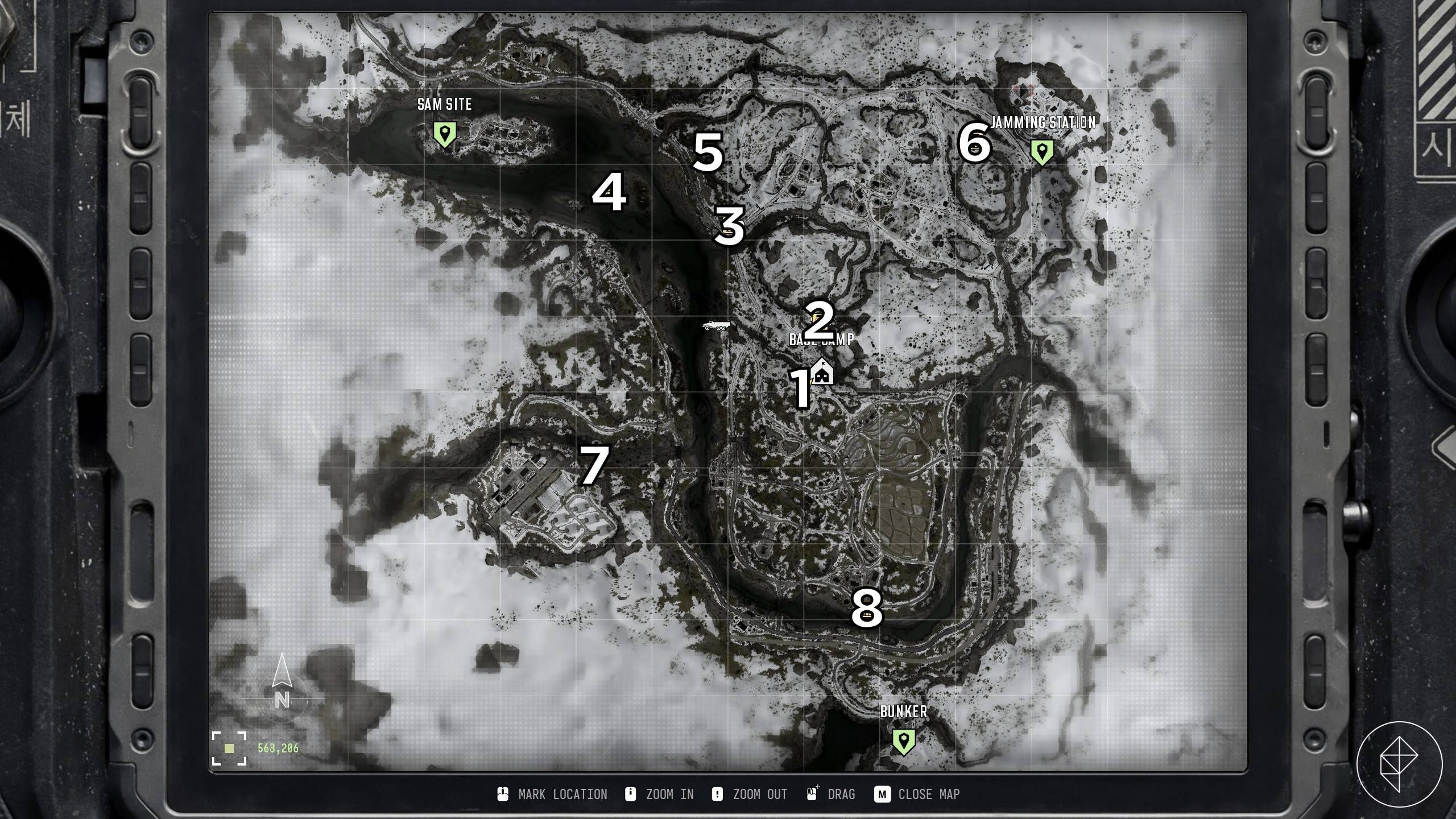 The "Stranded" map in Modern Warfare 4 with the eight keypad puzzle locations numbered.