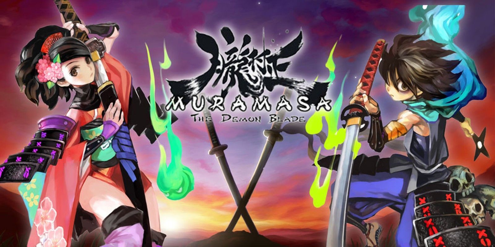 Muramasa: The Demon Blade key art shows characters facing off, weapons and game logo between them