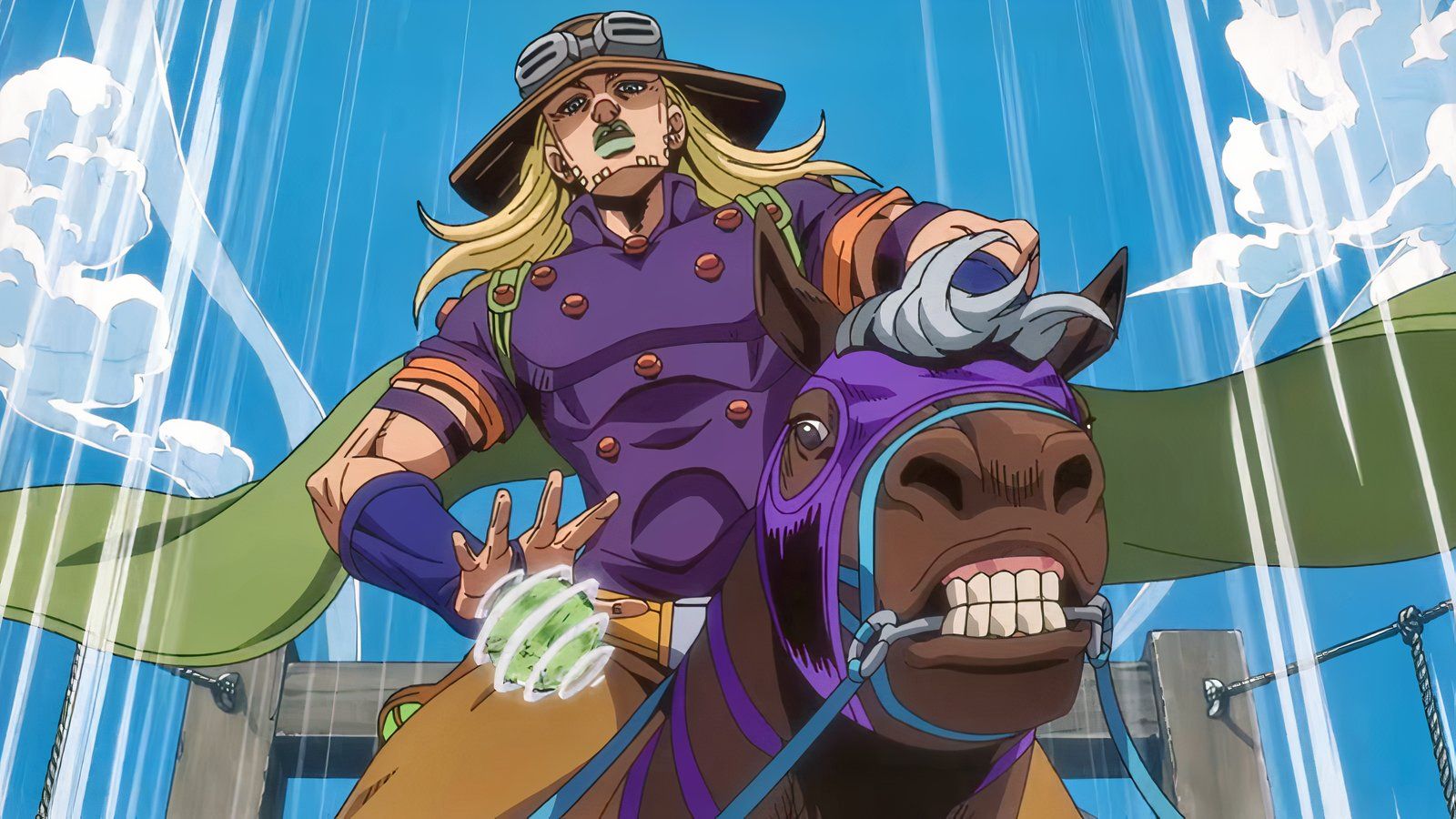 Gyro rapidly spins his steel balls to gain momentum during the race in Steel Ball Run