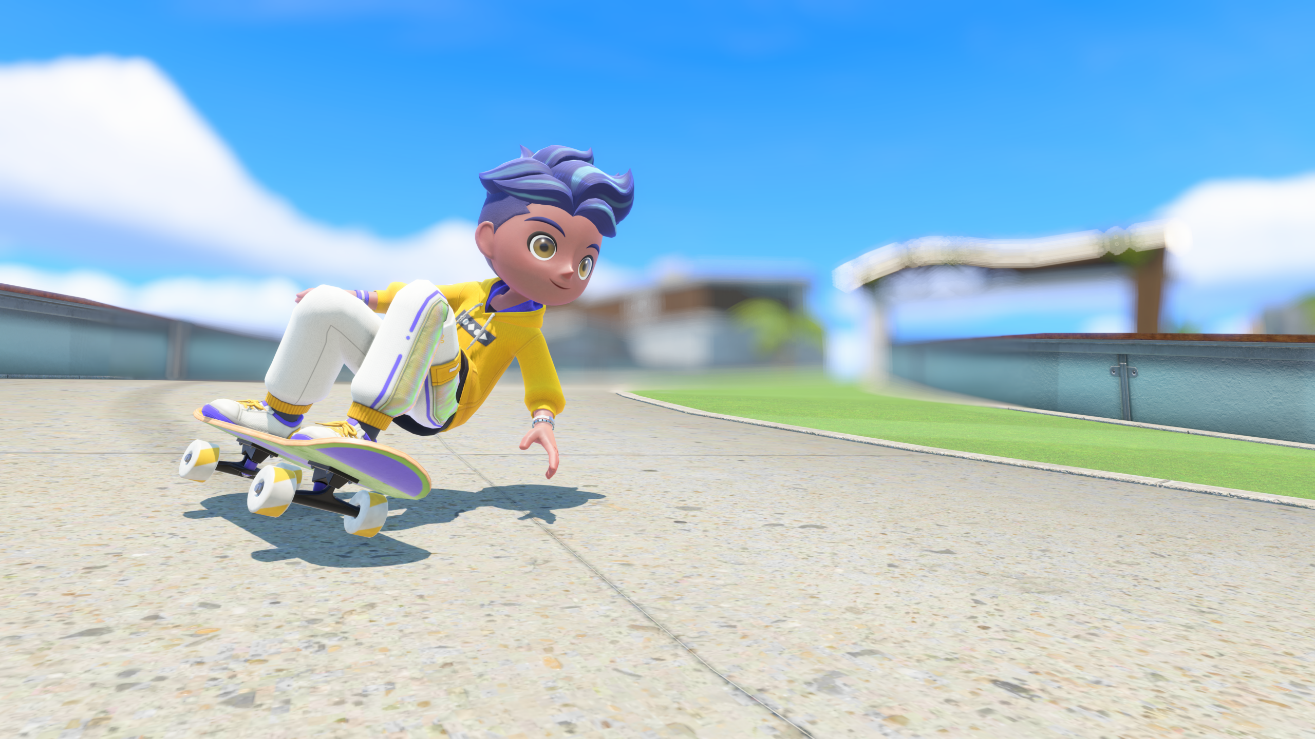 A skateboarder leans over