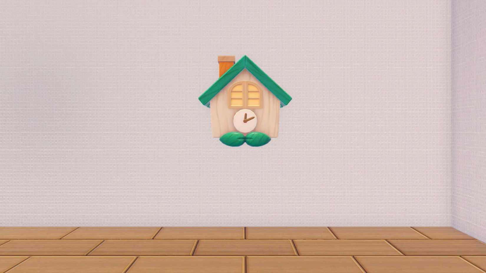 A cuckoo clock on the wall that resembles a Rowlet in Pokopia.