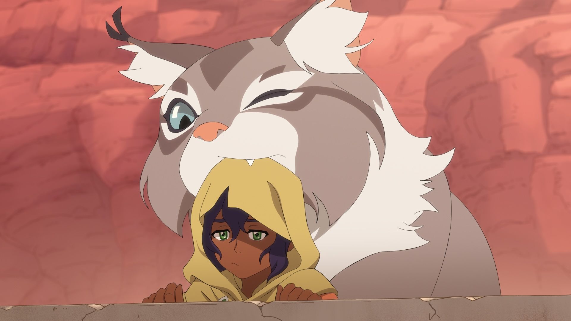 Pavi frowns as a giant lynx chews on her head in Avatar Seven Havens