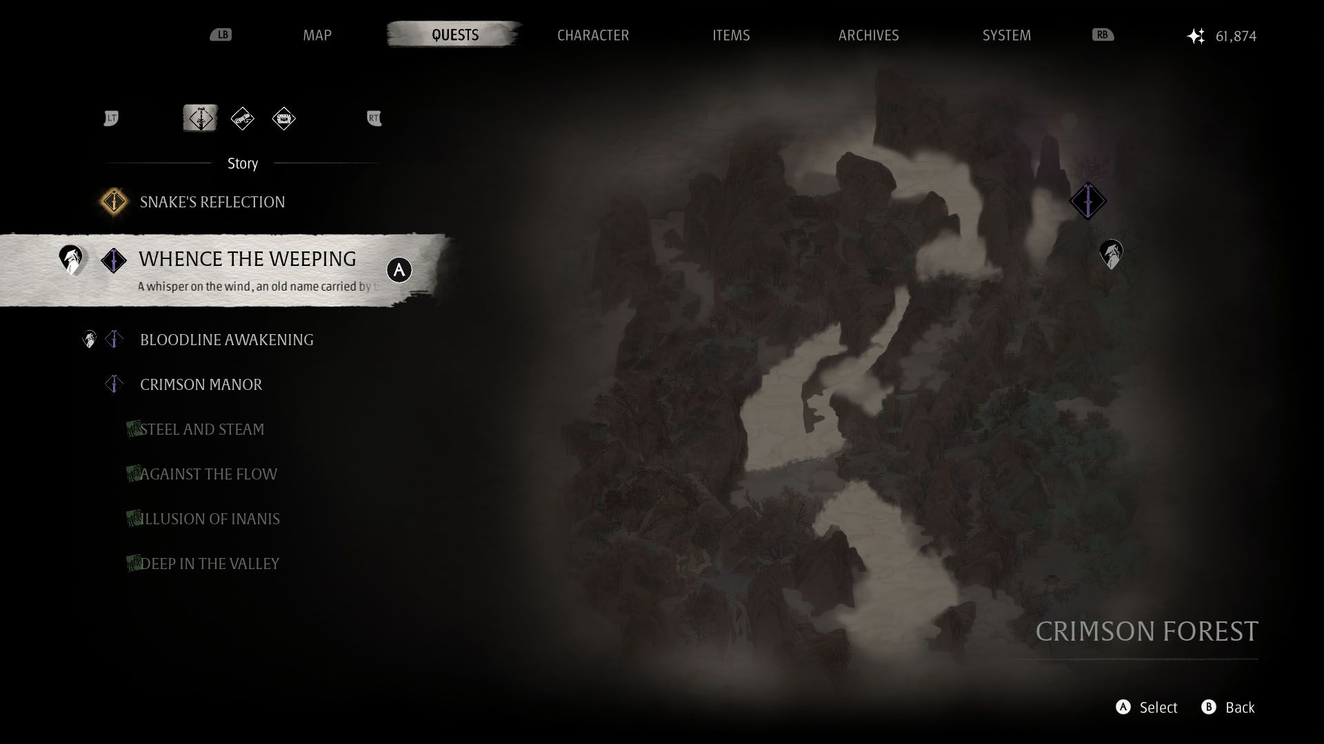 A Phantom Blade Zero screenshot showing the location where you can must go to progress the Whence the Weeping quest in the Crimson Forest area
