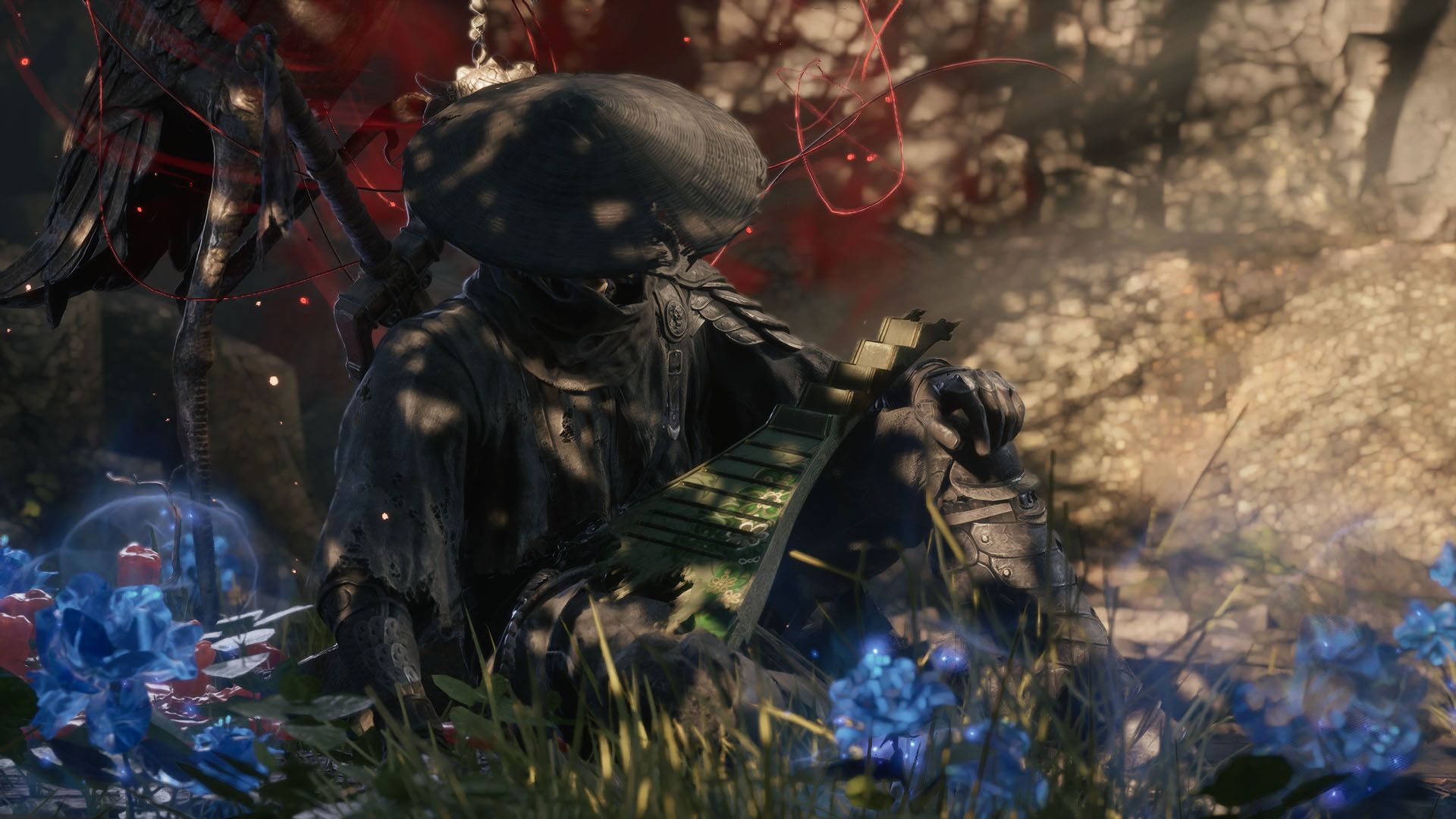 A Phantom Blade Zero screenshot showign Soul resting amid a flower bed