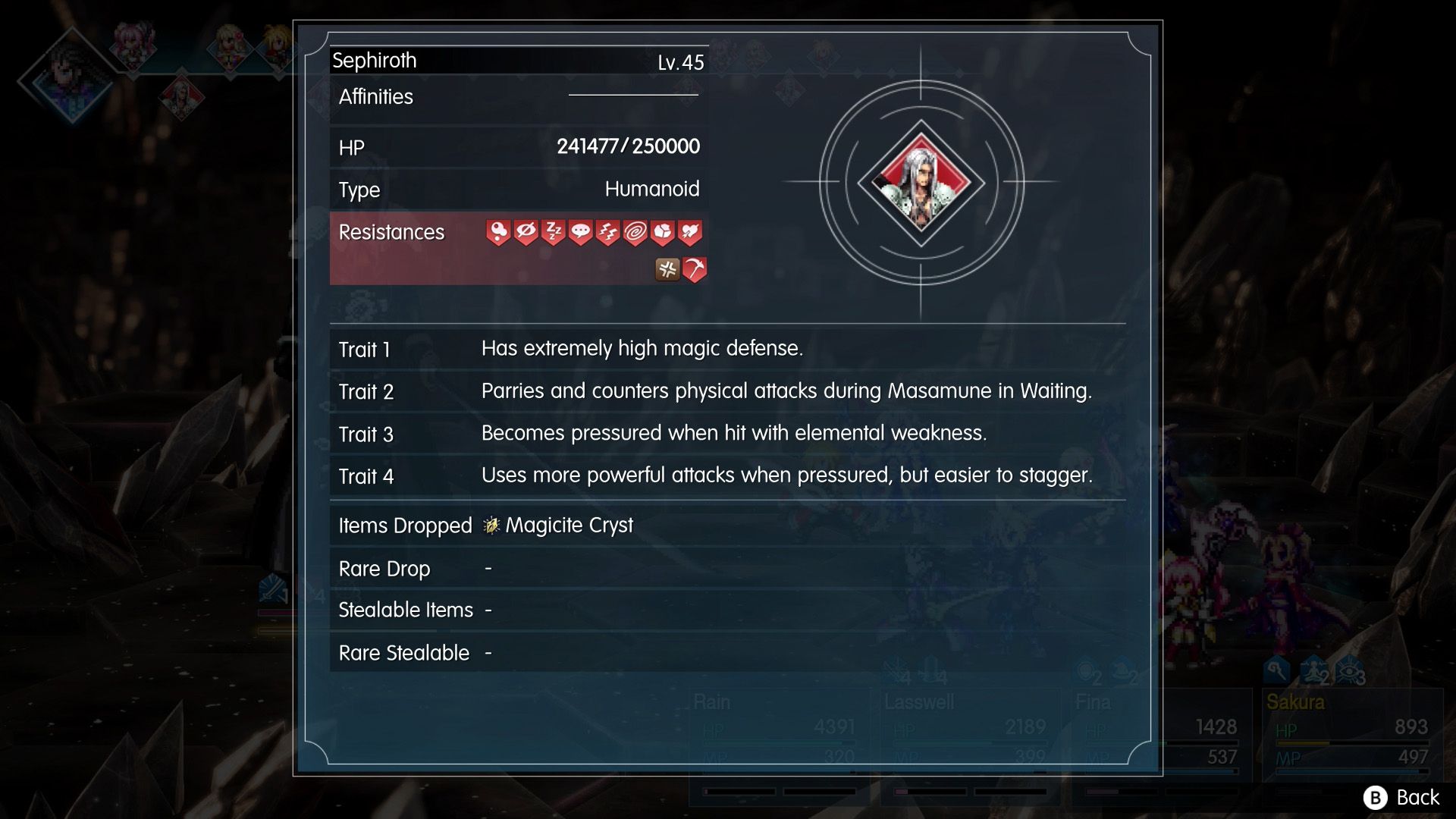 The details of Sephiroth during his first phase in Final Fantasy Resonance.