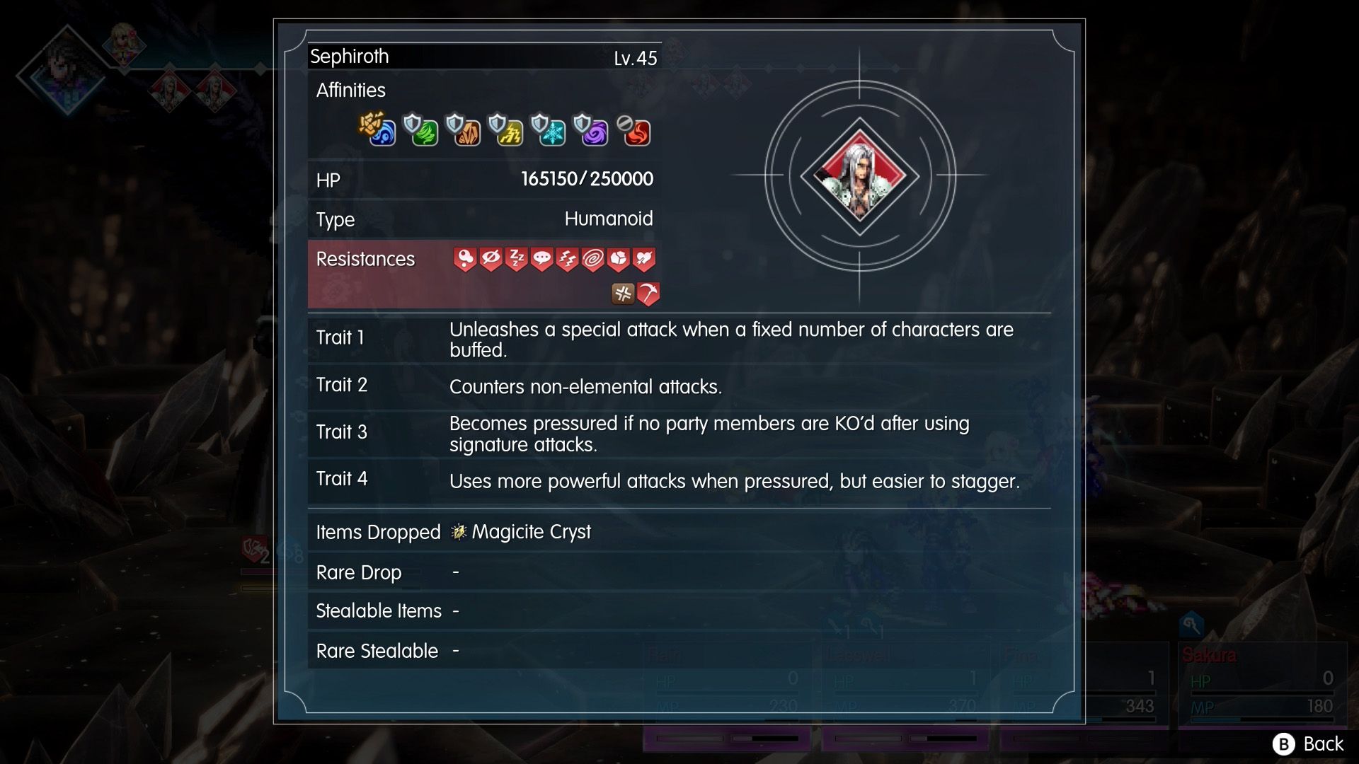 The details of Sephiroth after he casts "Heartless Angel" during phase two of his boss fight in Final Fantasy Resonance.