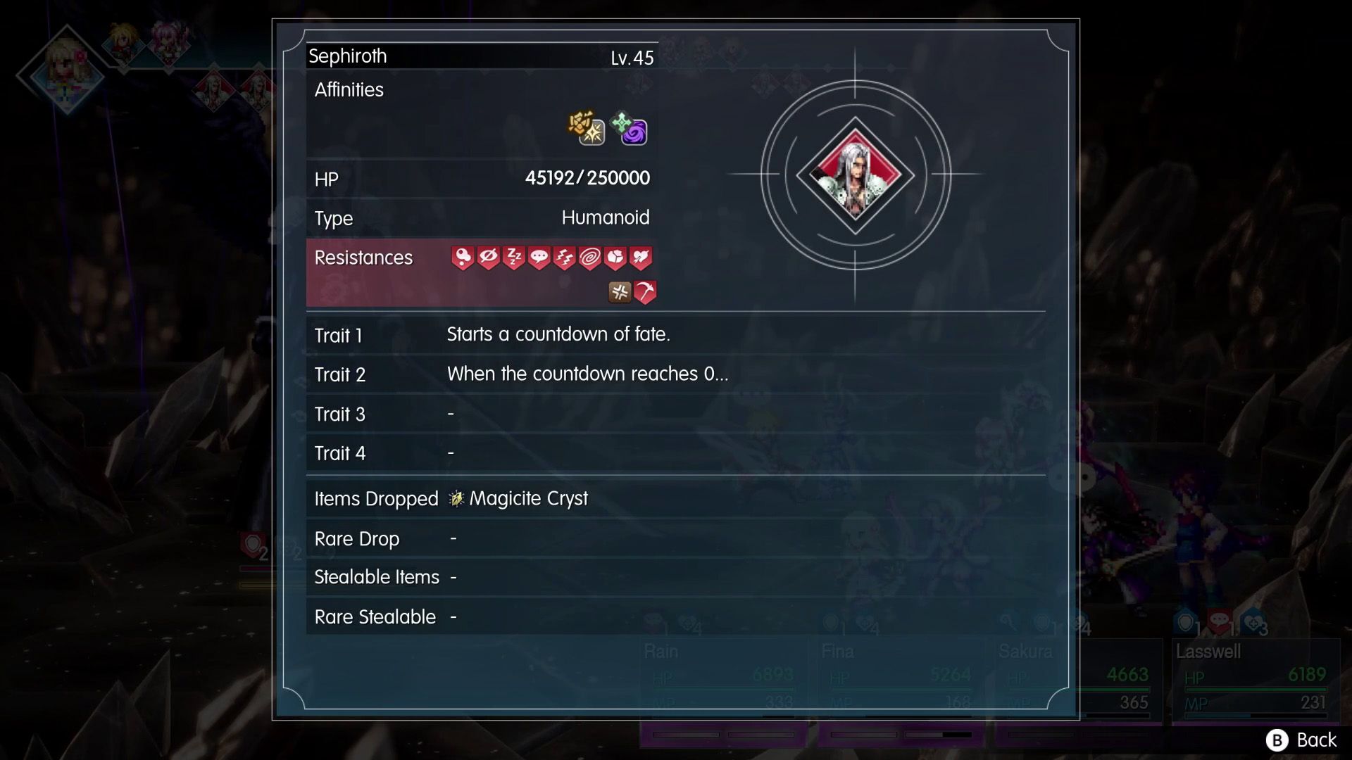 Details of Sephiorth during the third phase of his boss fight in Final Fantasy Resonance.