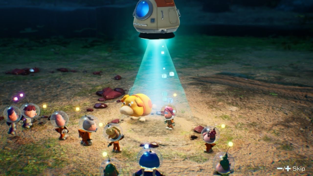 The astronaut and Oatchi are greeted at nighttime by a crowd of other space explorers in Pikmin 4
