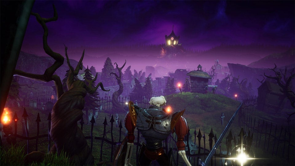 A skeleton looks out at a PS1 level.