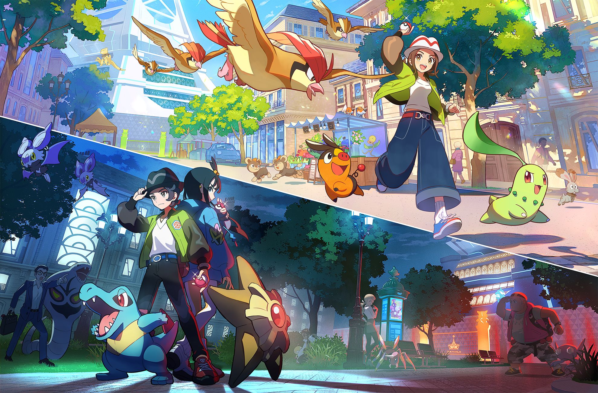 A key visual from Pokémon Legends: Z-A, featuring both playable characters in the city during the day and night.