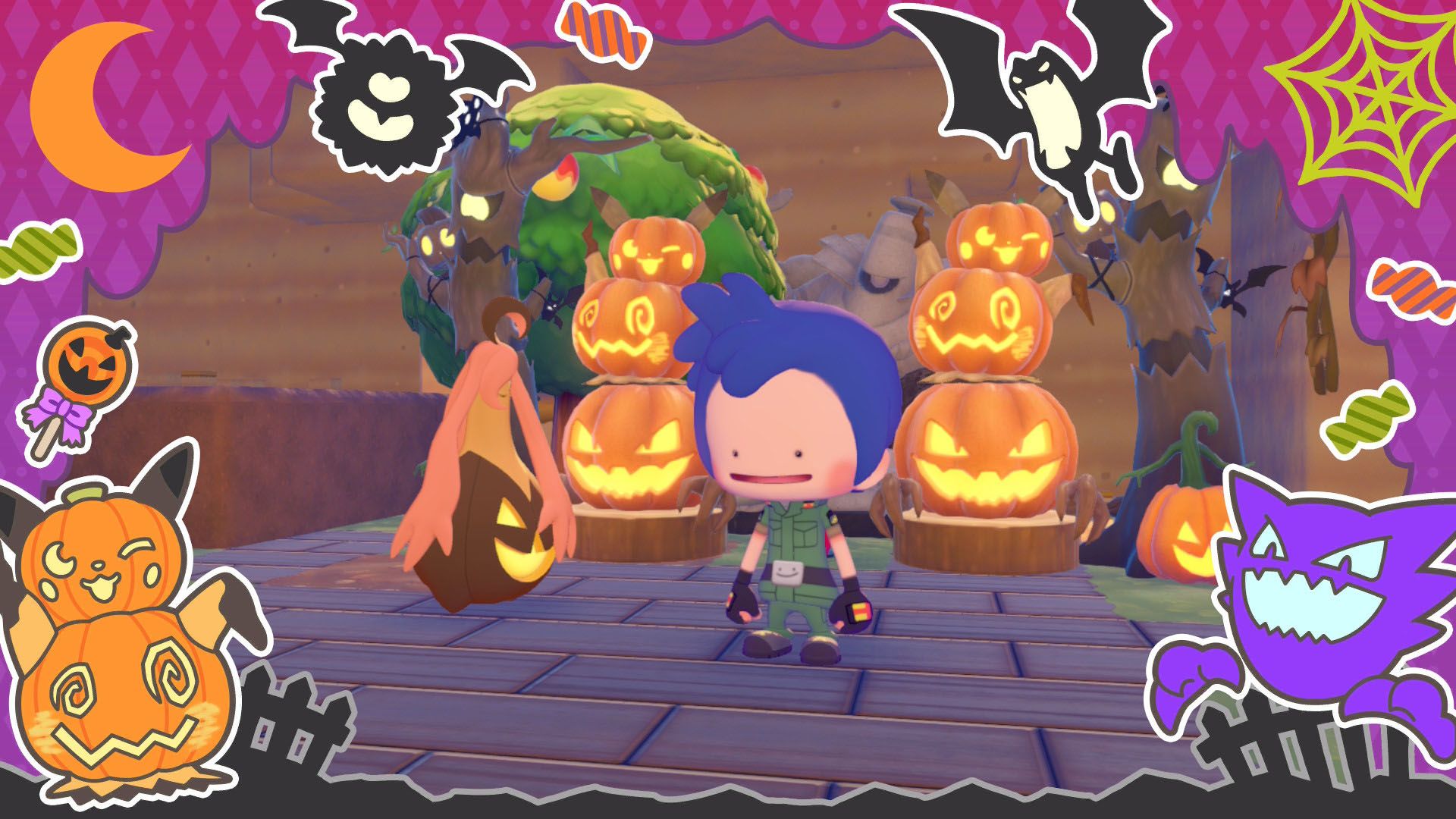 A Pokémon Pokopia screenshot showing the Trick or Treat photo frame