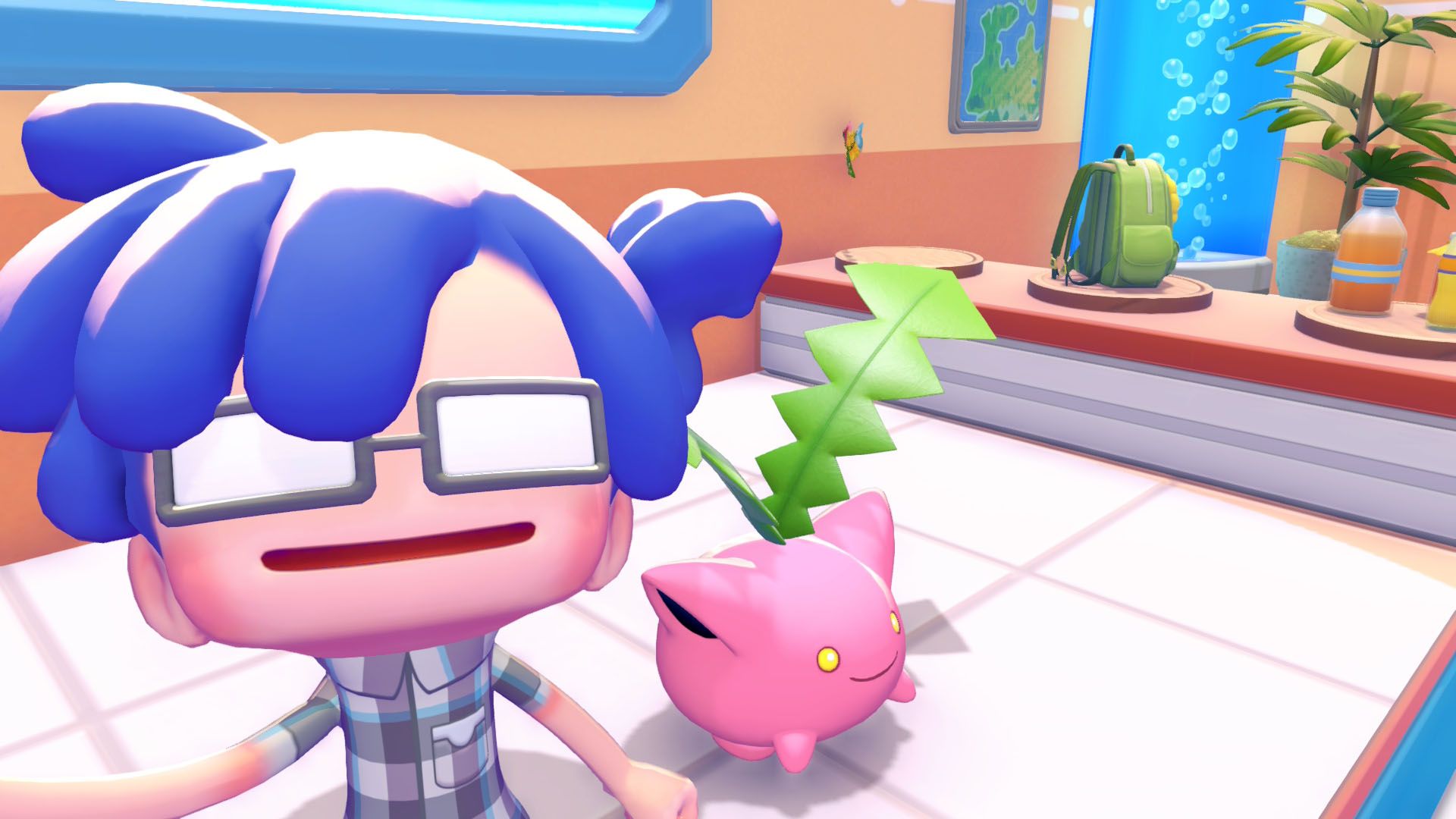 A Pokémon Pokopia screenshot showing Ditto and Hoppip
