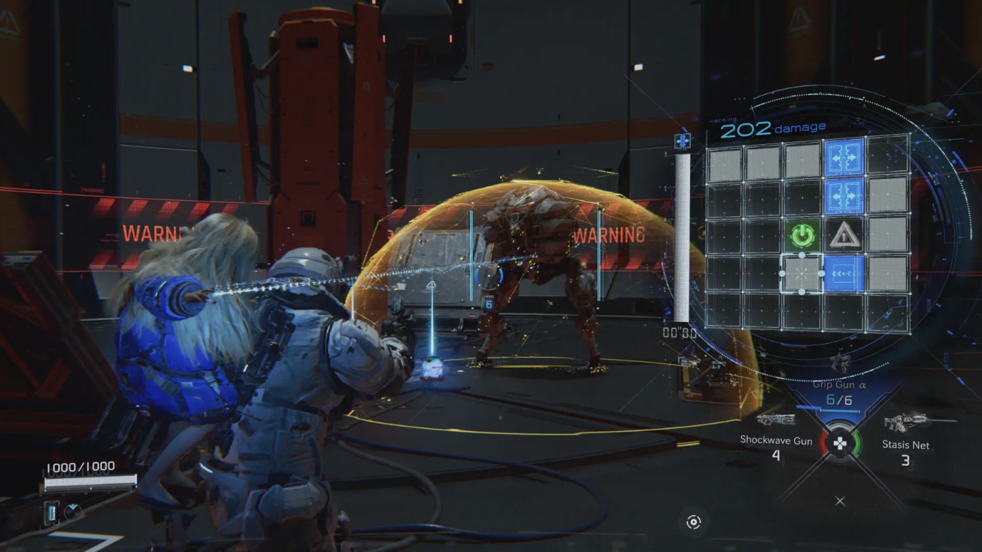 Gameplay screenshot from Pragmata showing a childlike android hacking a robot with an astronaut aims at it with a gun