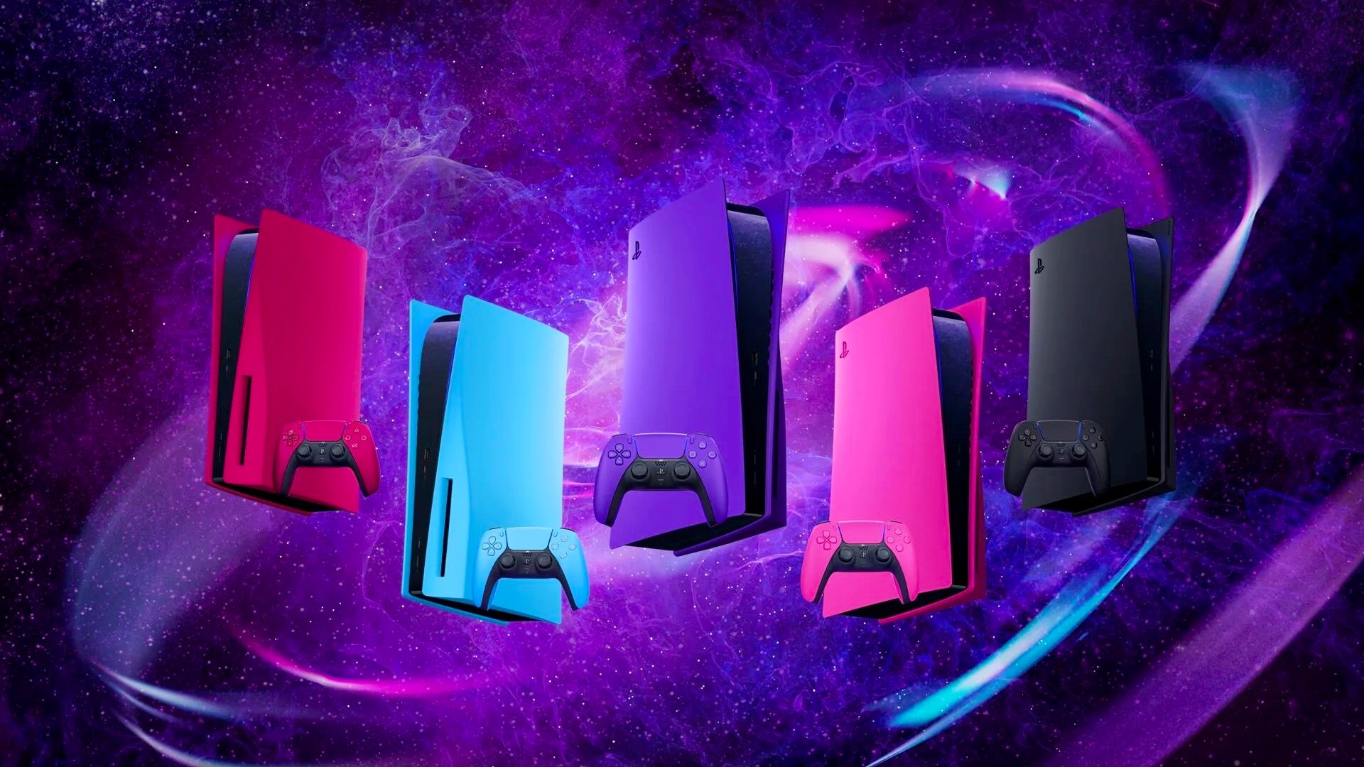 Five new colors of the PlayStation 5 on a starry background