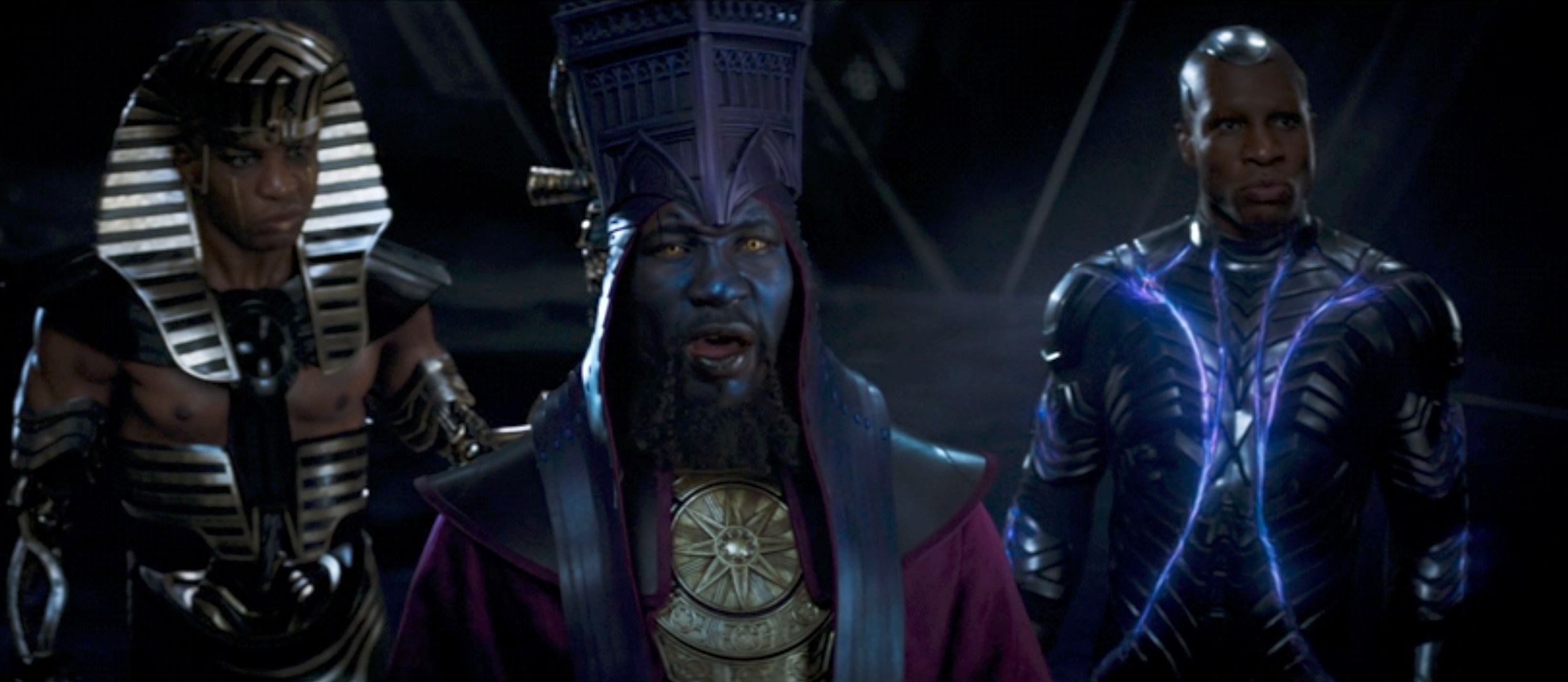 Rama Tut, Immortus, and Iron Lad (all played by Jonathan Majors) stand next to each other in the final scene from Ant-Man and the Wasp: Quantumania