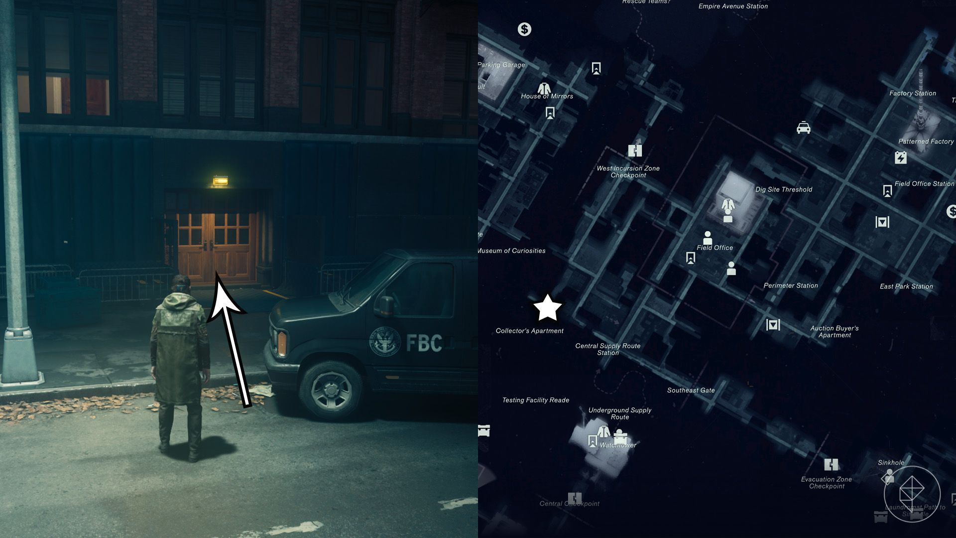 Dylan standing in front of the entrance to an apartment building in Control Resonant.