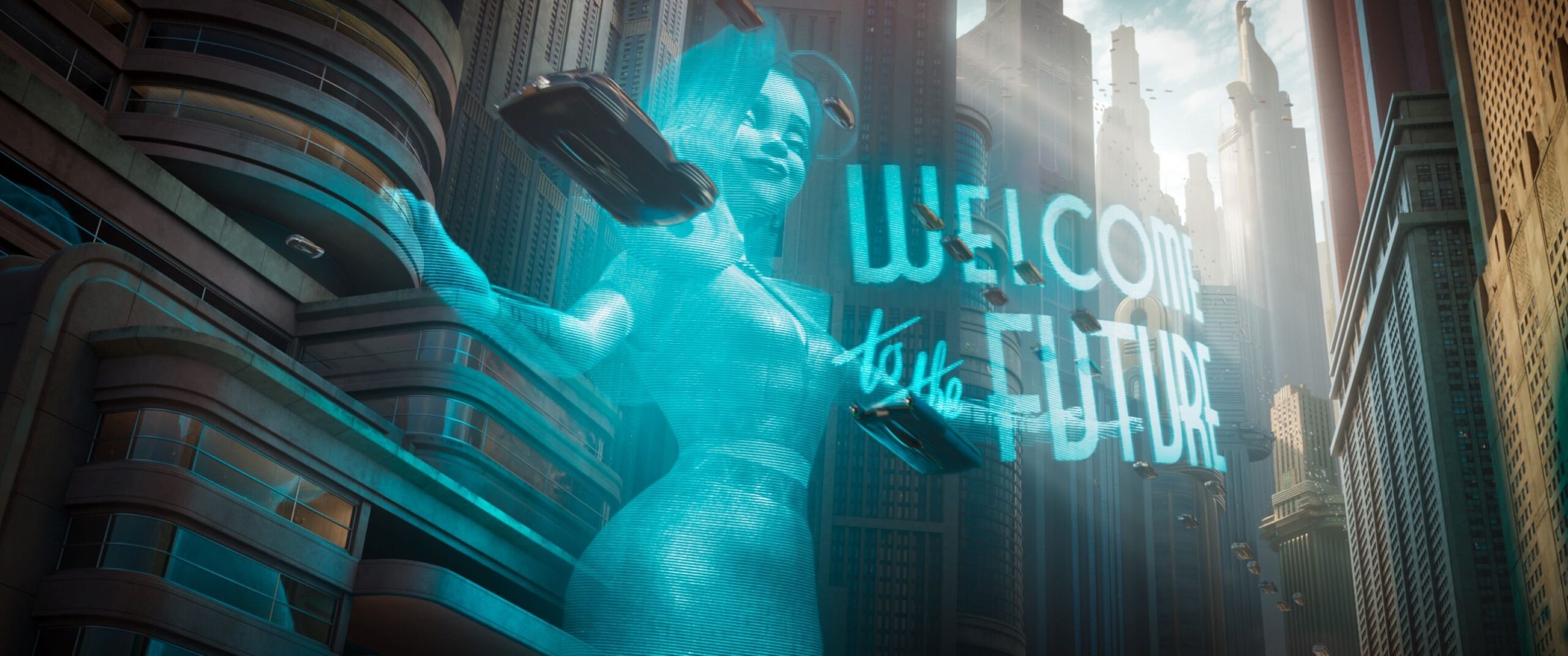 A blue holographic woman in a retro futuristic city from Ray Gunn