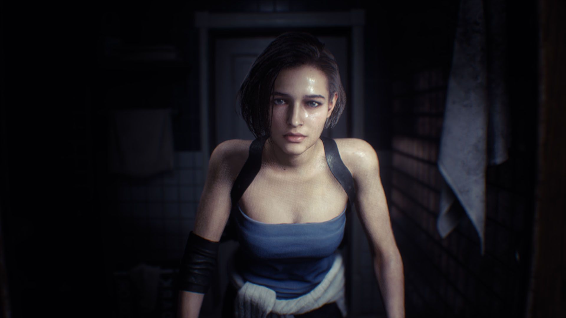 A Resident Evil 3 Remake screenshot showing Jill looking at the mirror