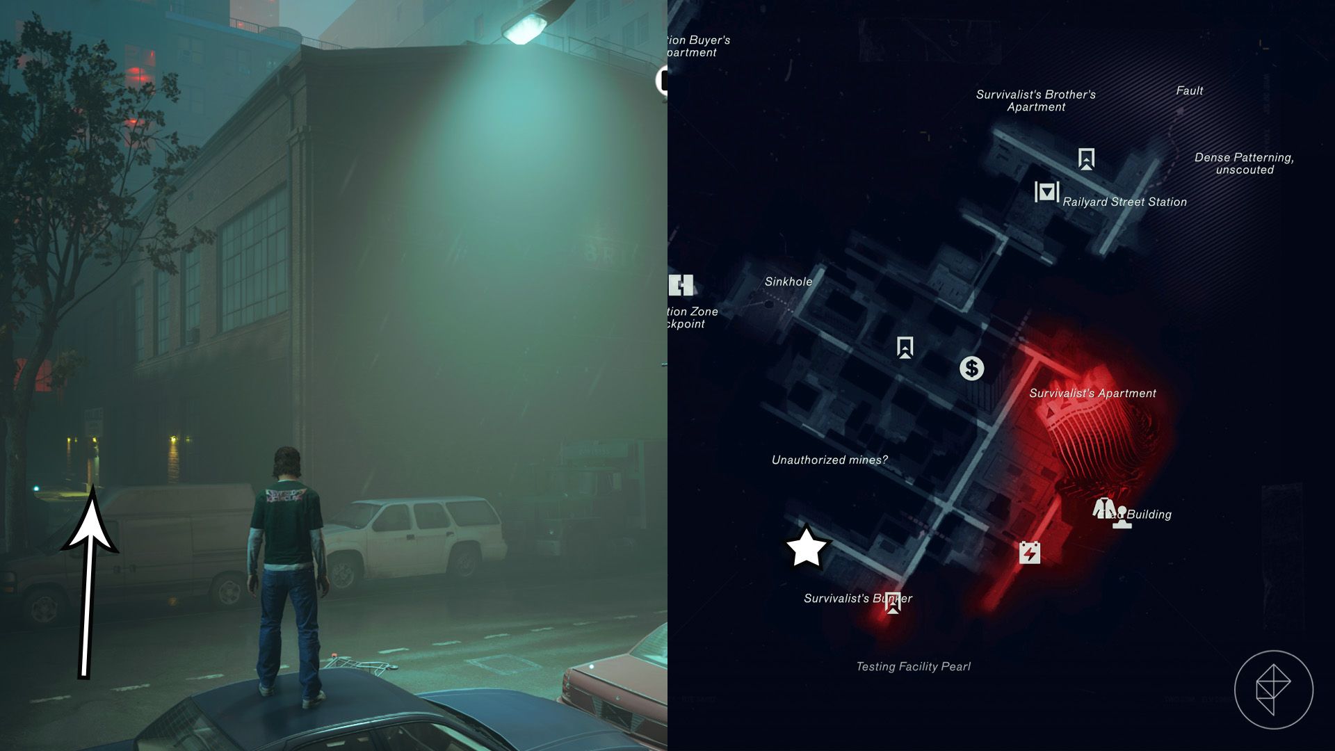 Dylan standing in front of a brick warehouse in the Evacuation Zone in Control Resonant.