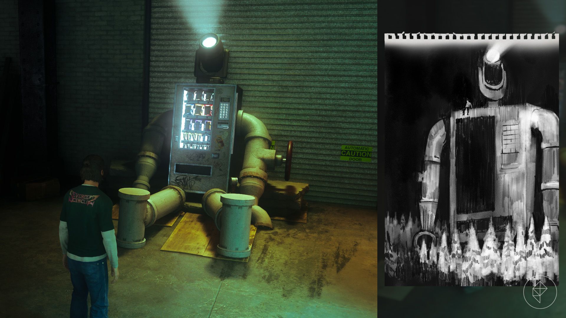 Dylan standing in front of a robot vending machine in Control Resonant.